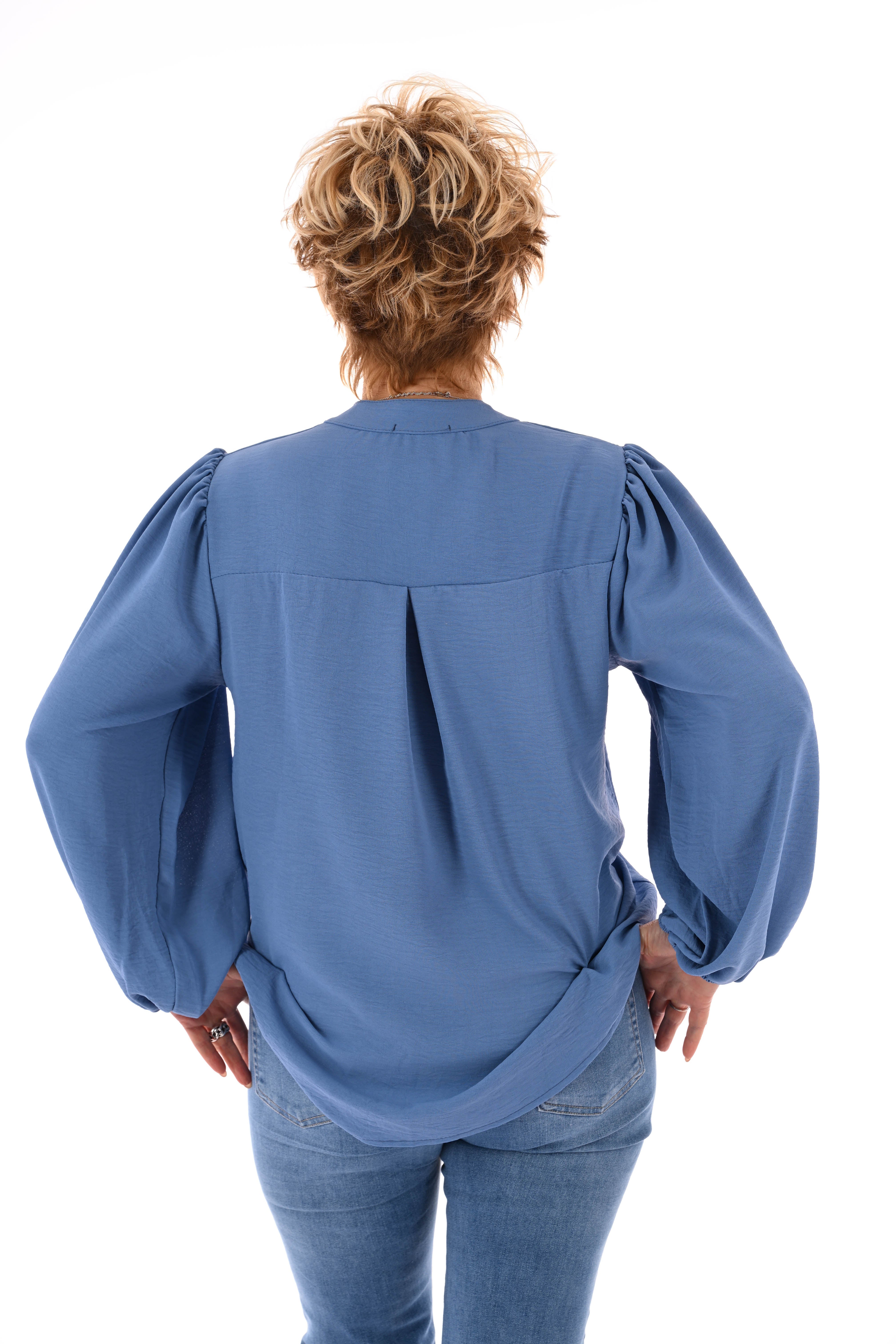 Top lange mouwen v-hals uni jeansblauw