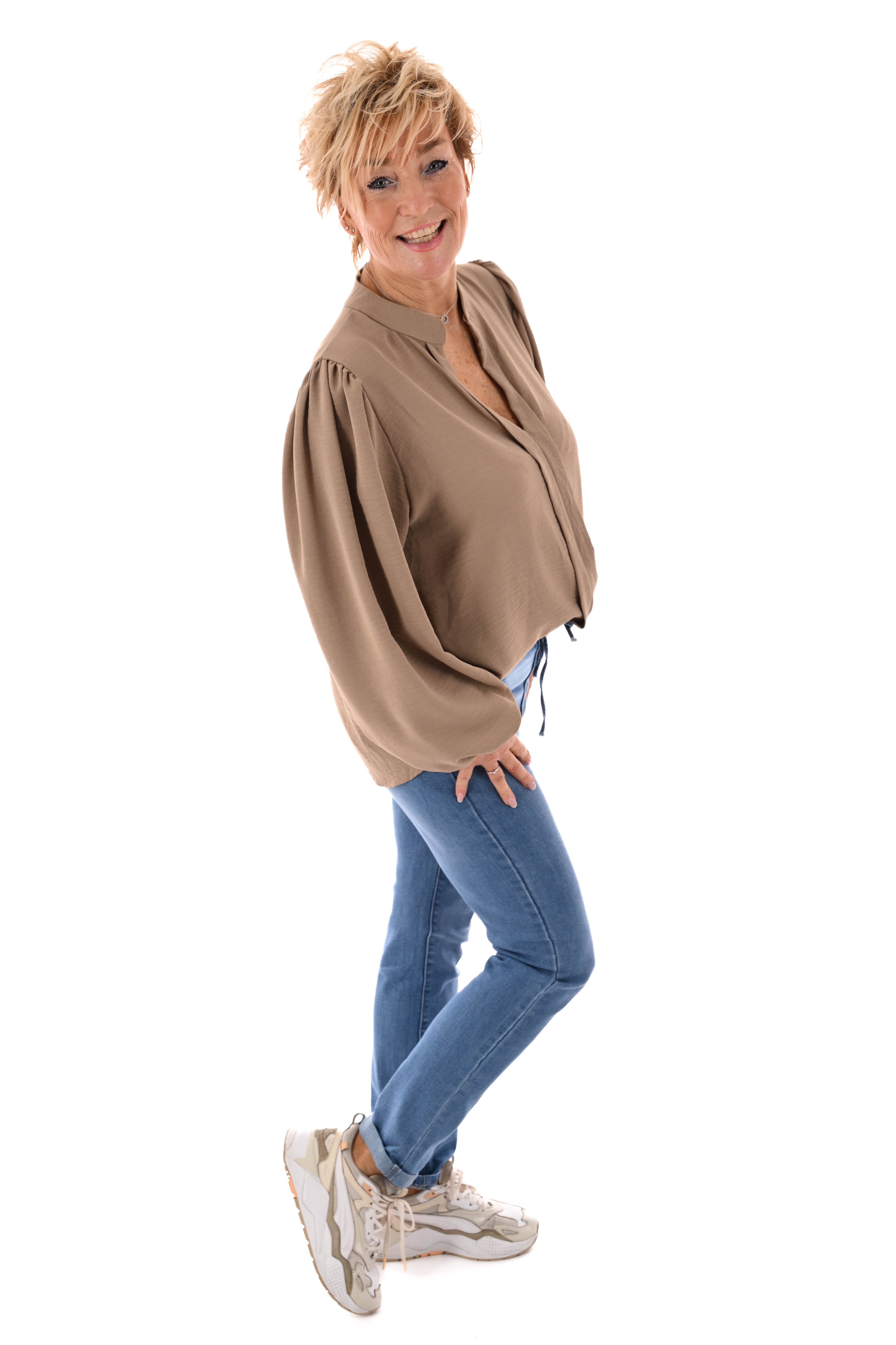 Top lange mouwen v-hals uni lichtbruin