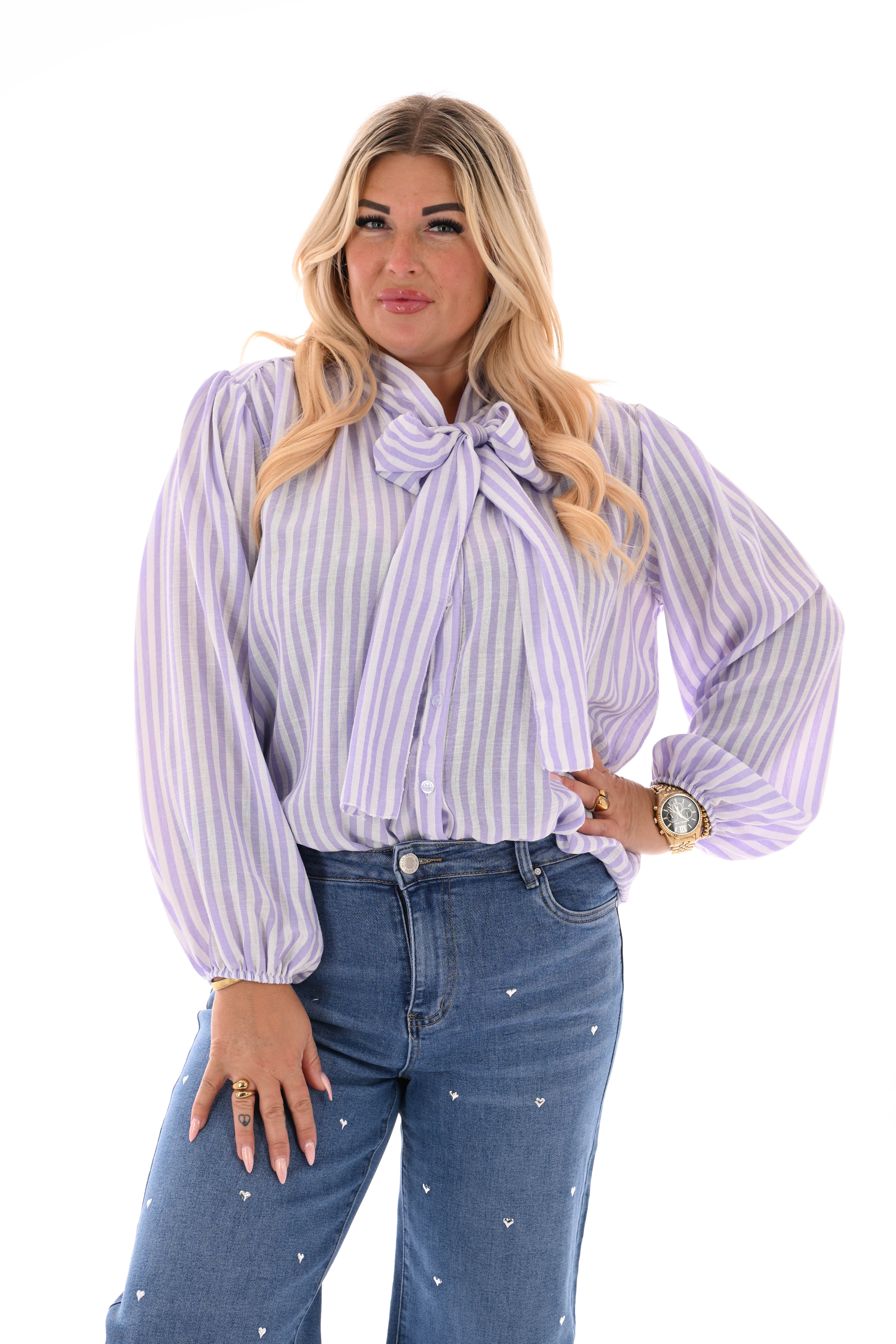 Top lange mouwen streepjes met strik lila