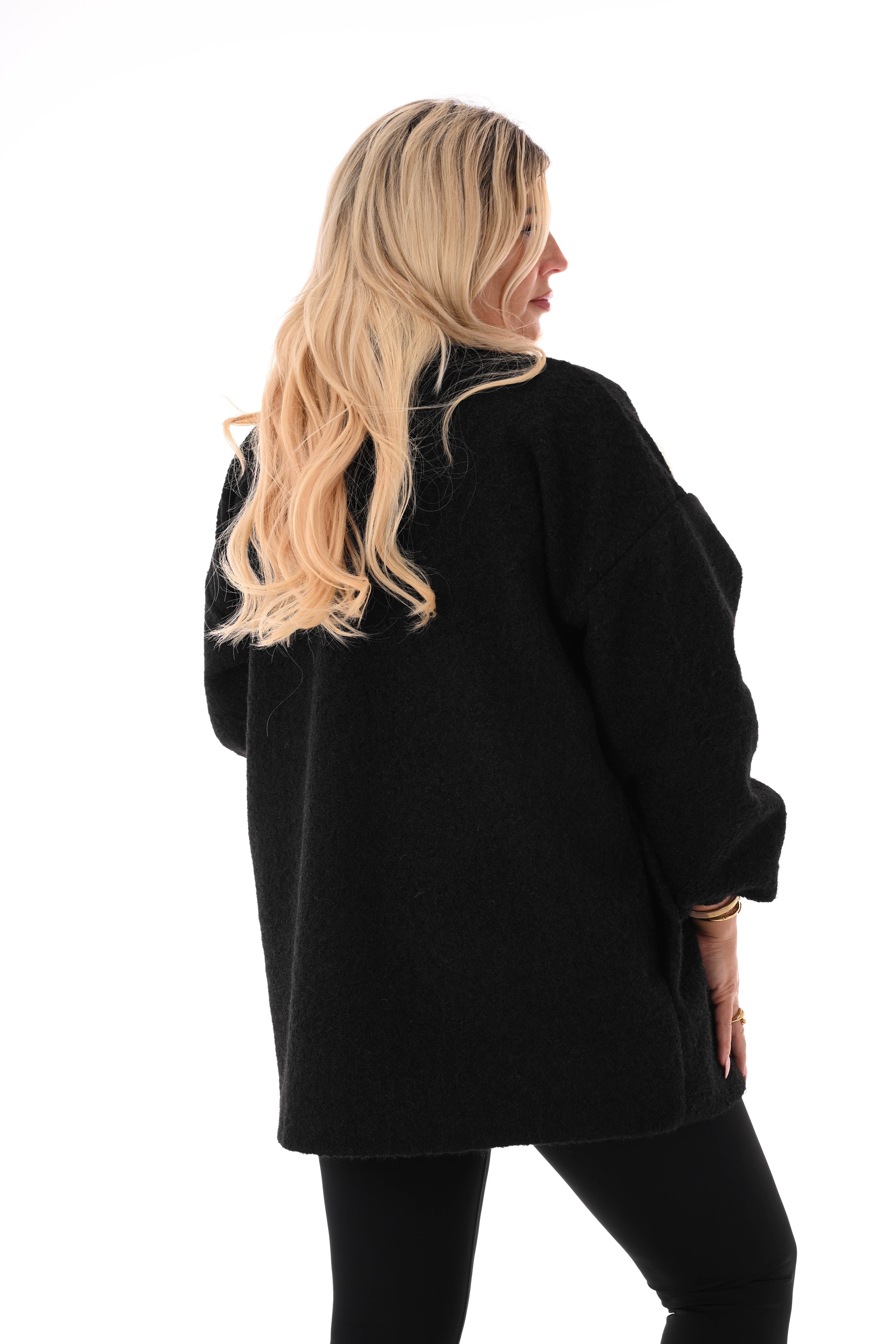 Wavy boucle jasje gedrapeerde mouwen zwart