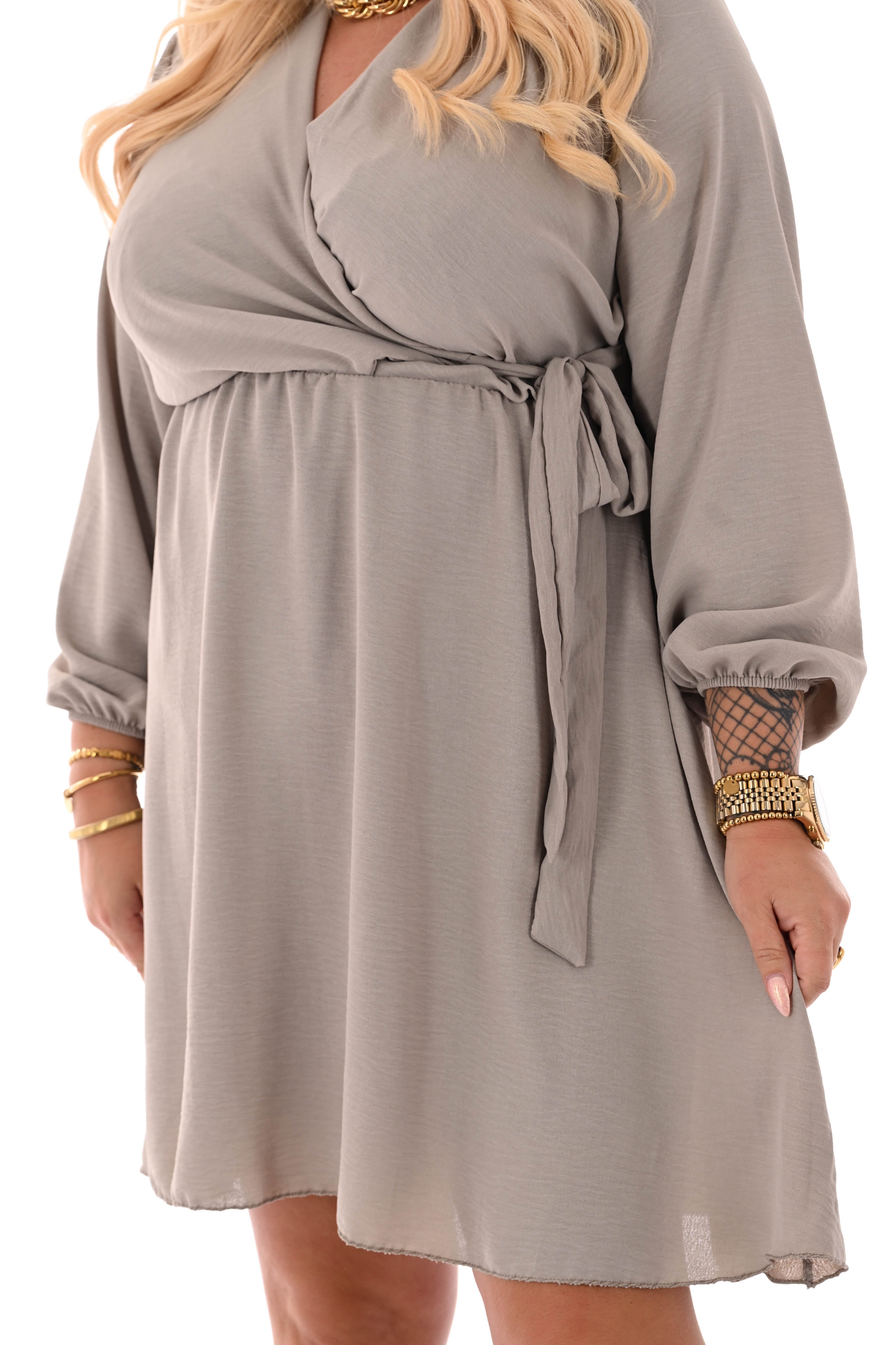Korte jurk lange mouwen met strik uni taupe