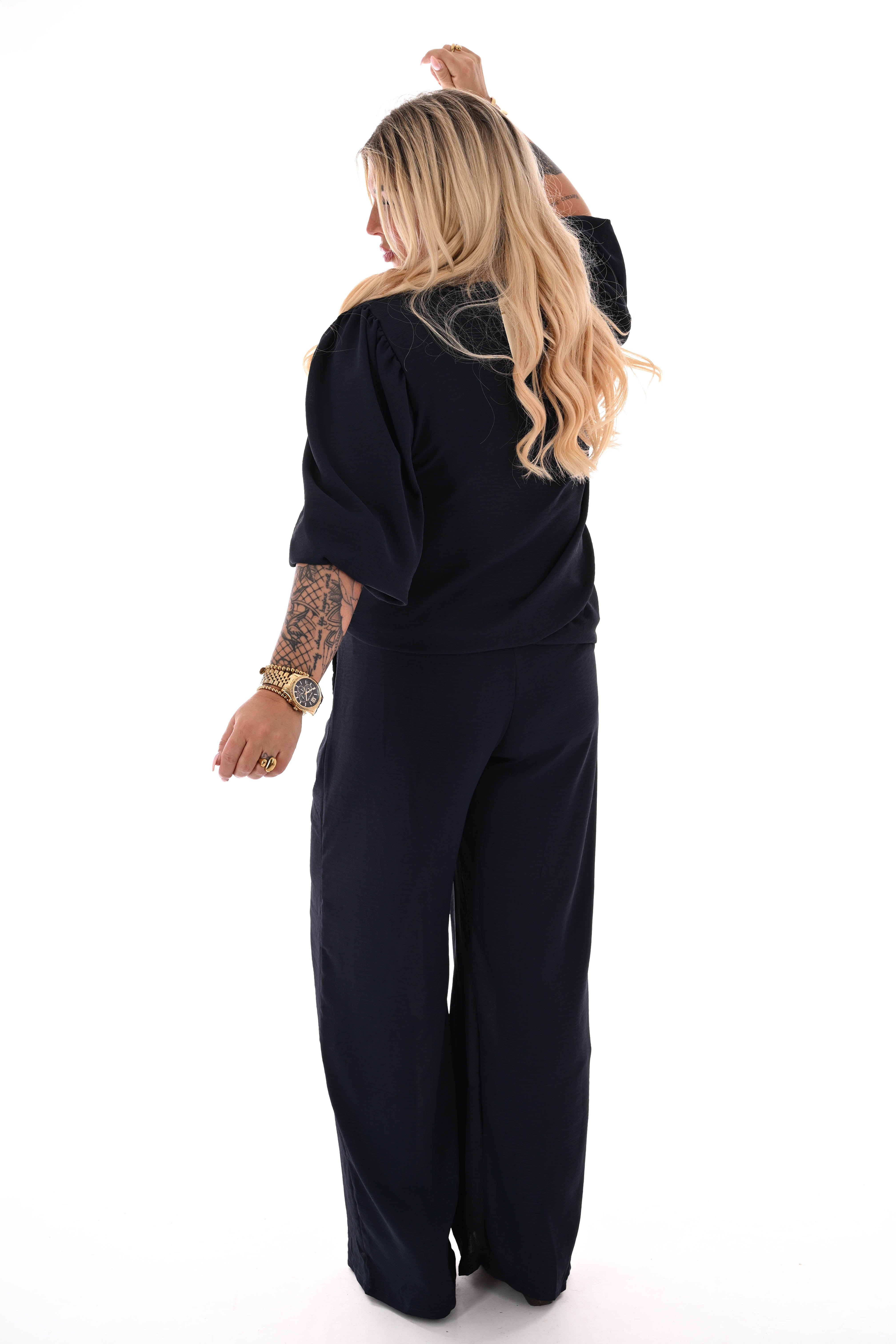 Tweedelig pak 3/4e pofmouwen uni marineblauw