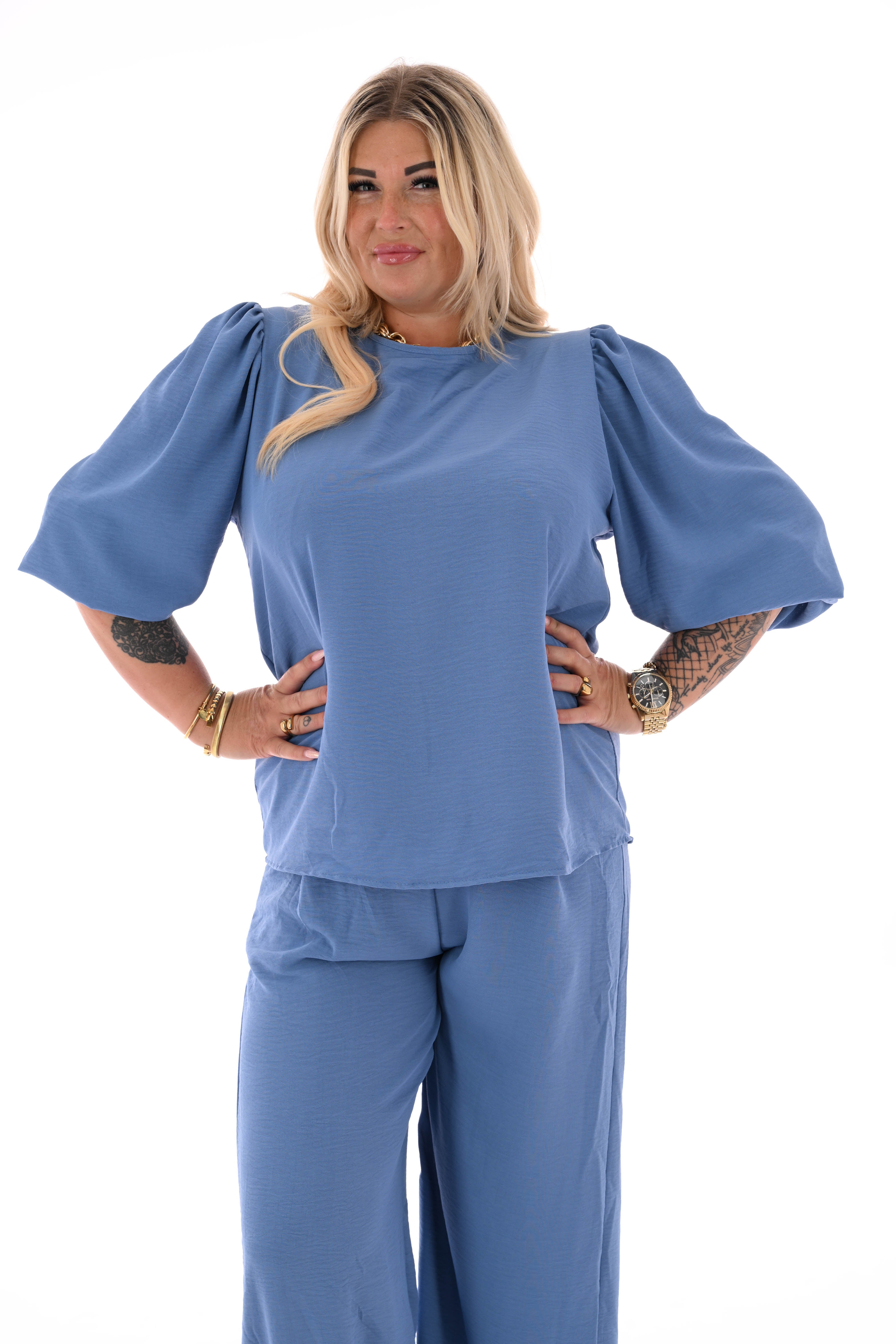 Tweedelig pak 3/4e pofmouwen uni jeansblauw