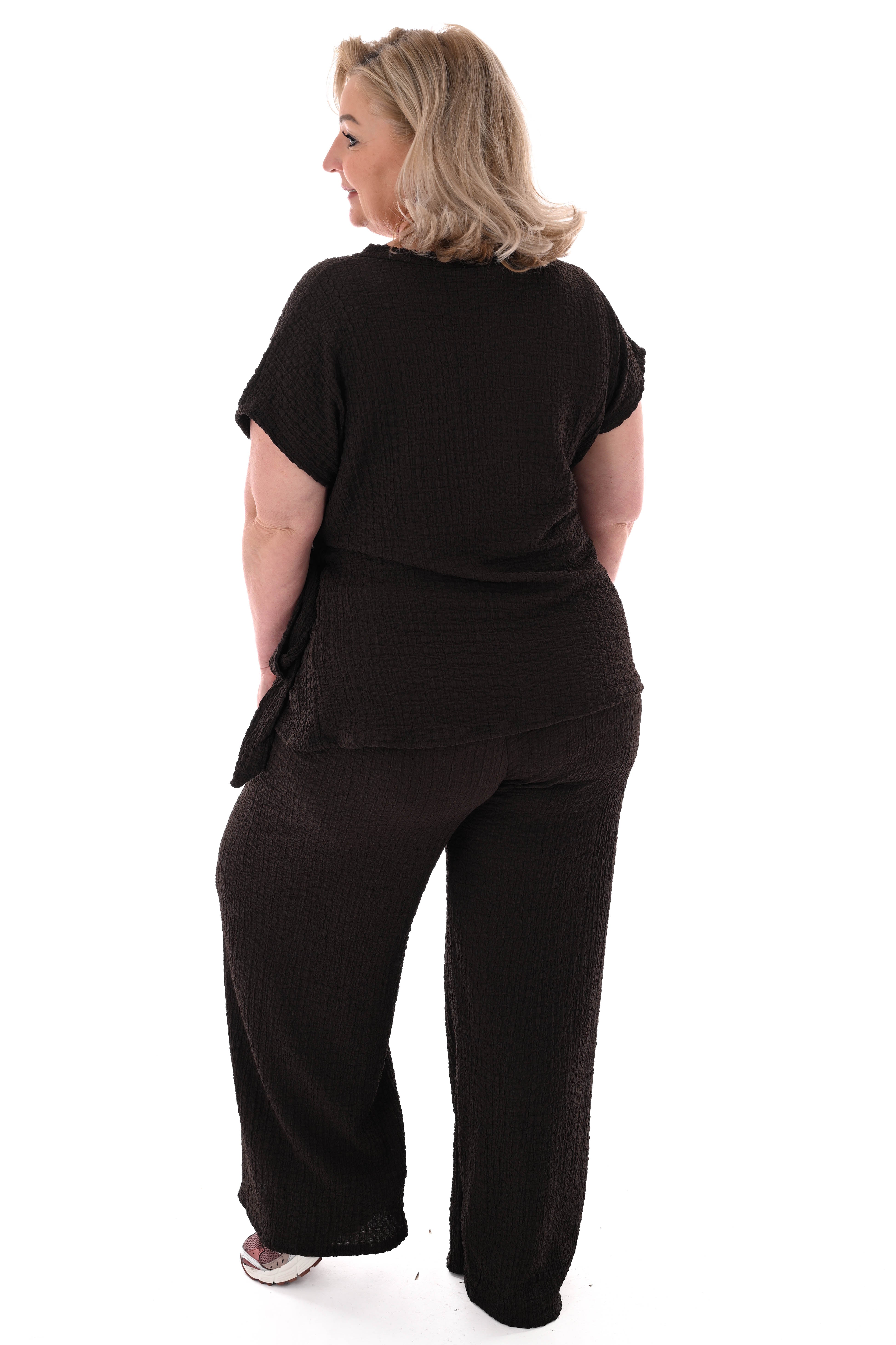 Tweedelig set crepe met knoop donkerbruin