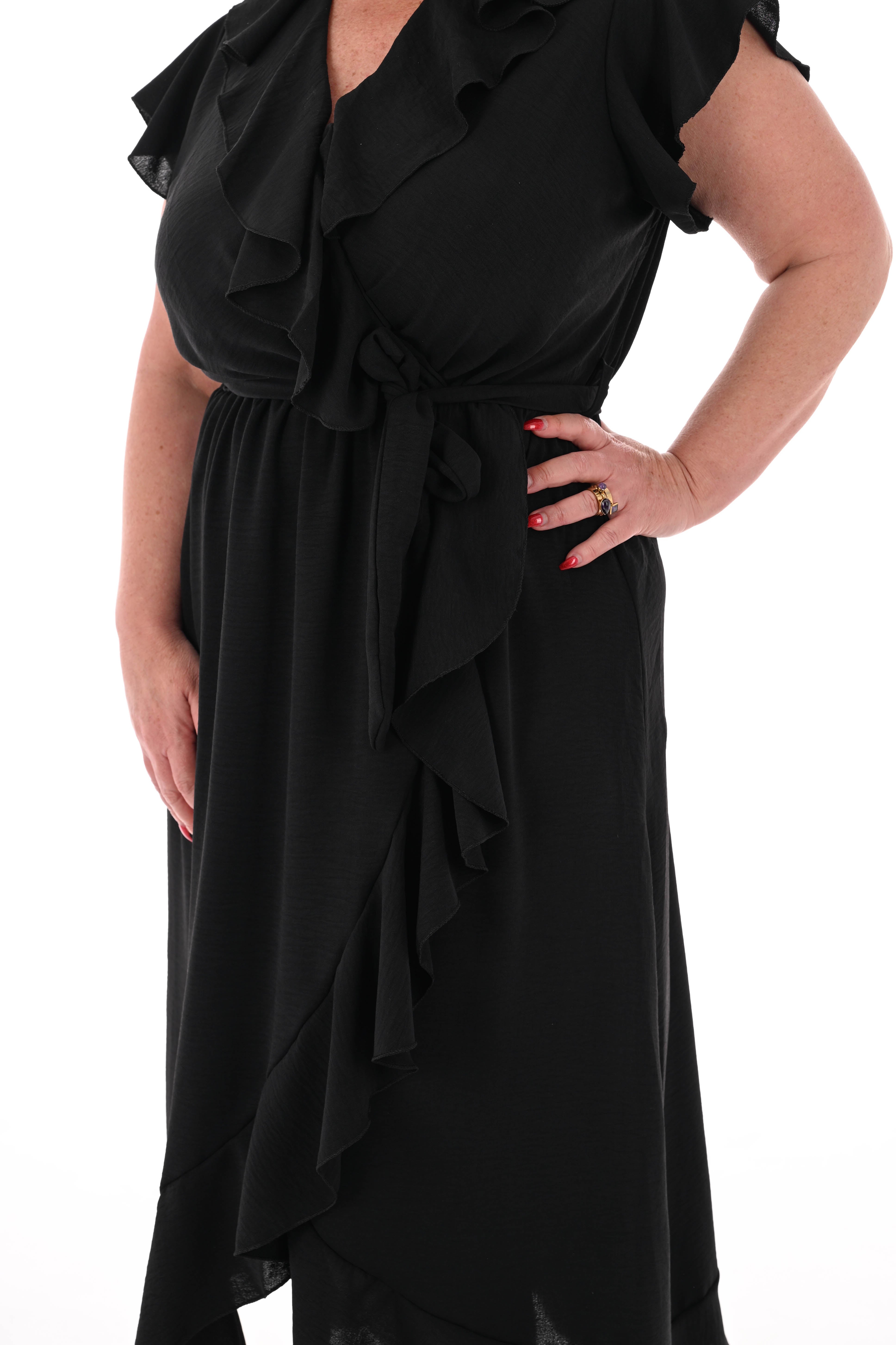 Lange roezel jurk ceintuur zwart