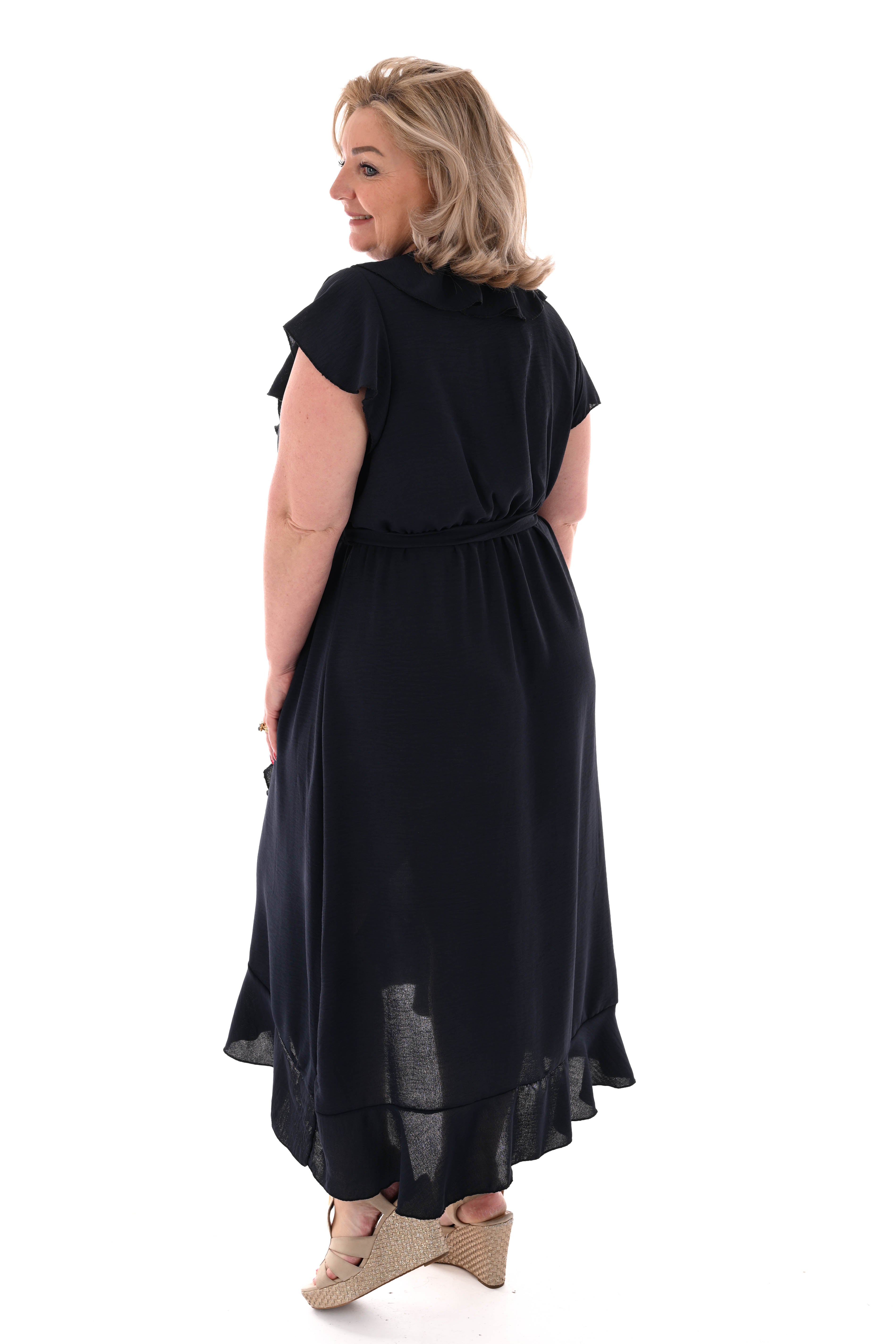 Lange roezel jurk ceintuur marineblauw