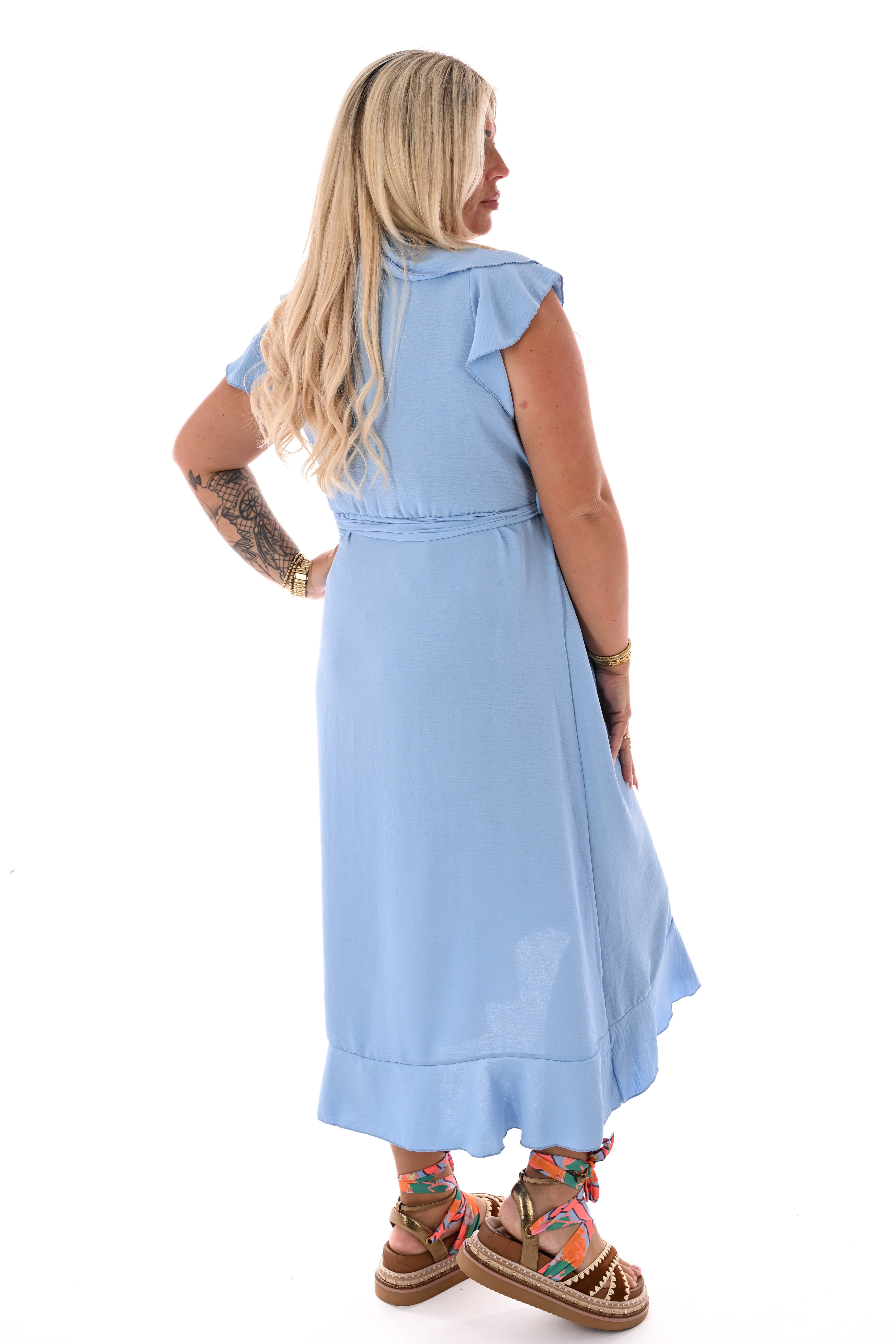 Lange roezel jurk ceintuur lichtblauw