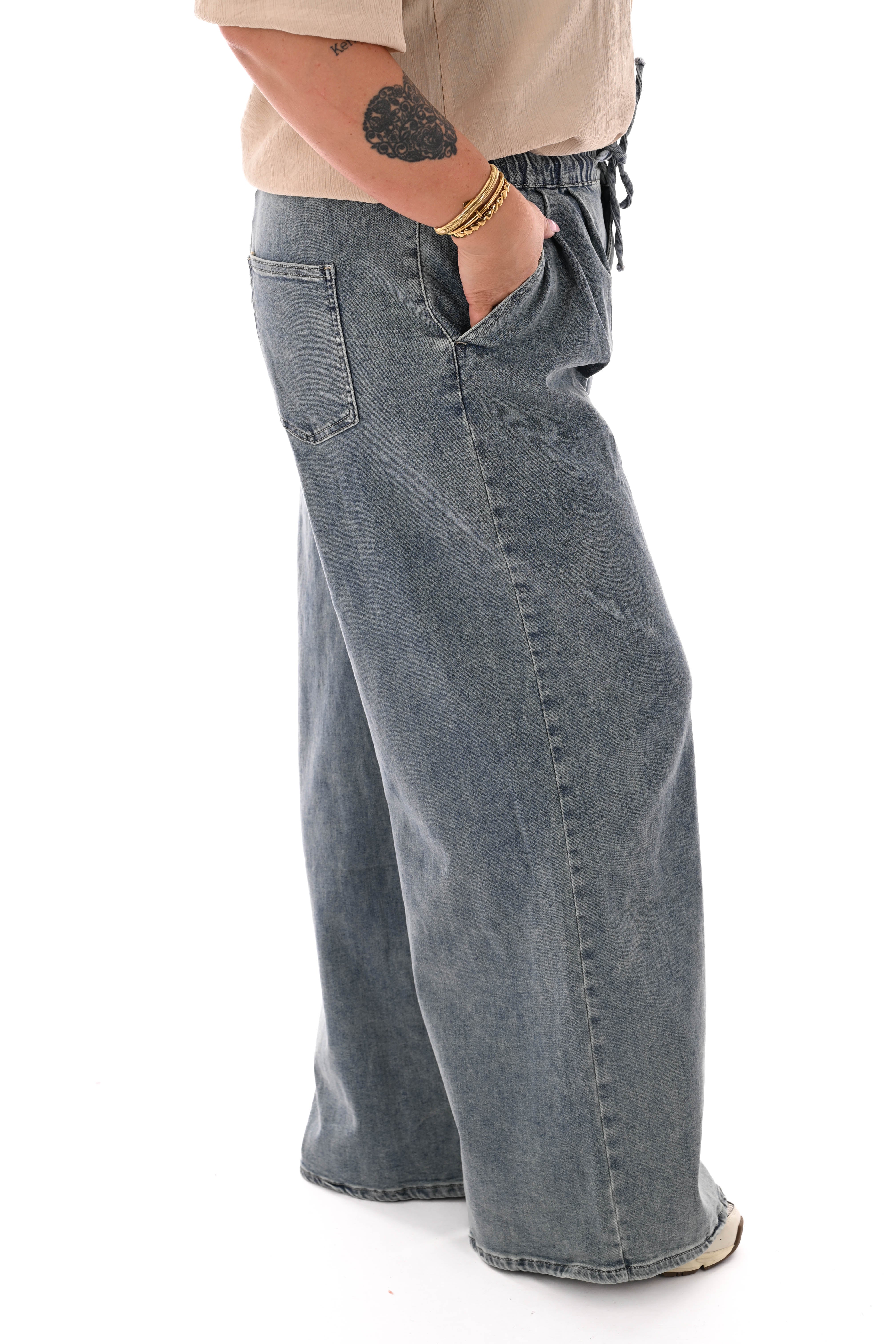Laulia jeans elastieken taille wide leg stonewash