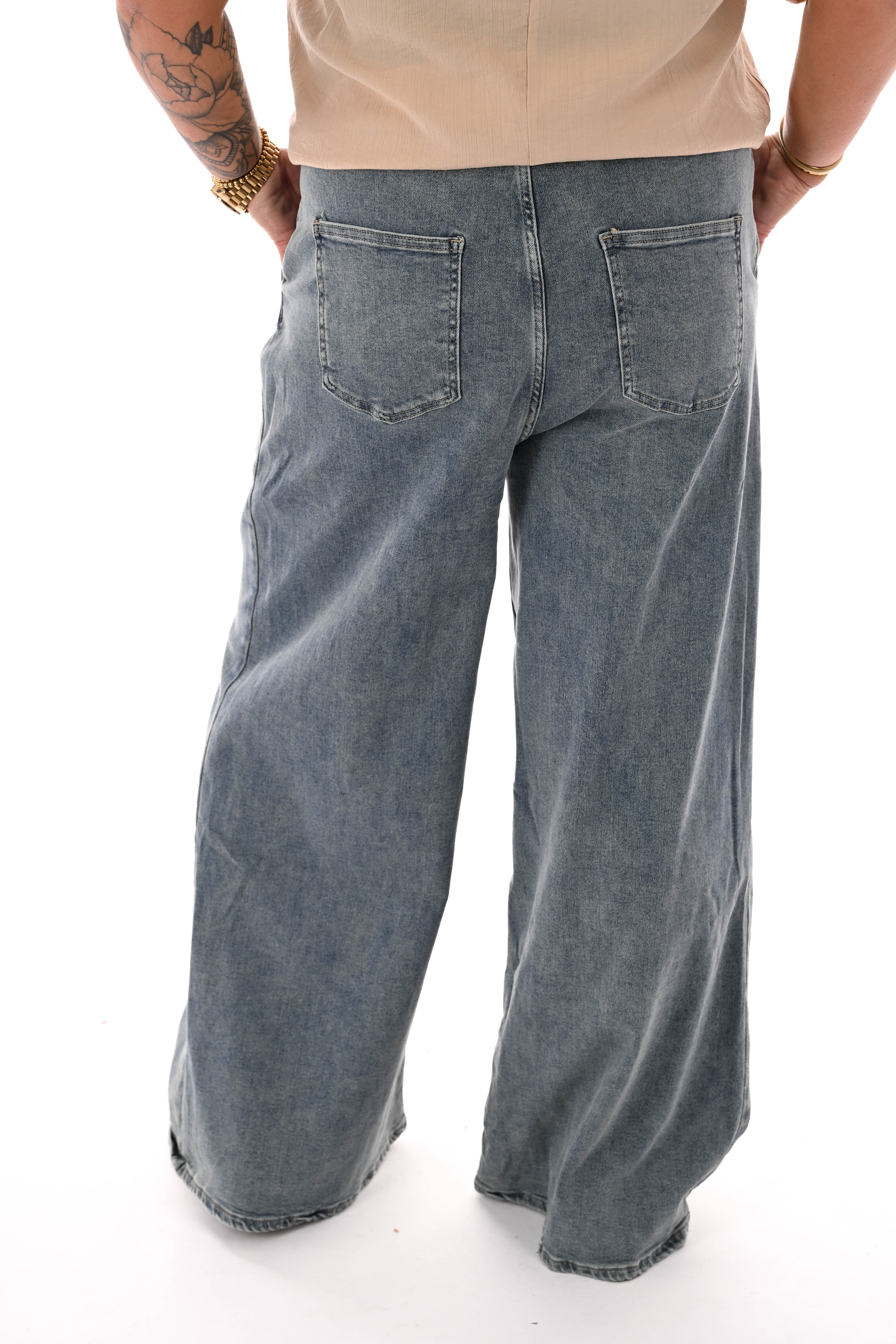 Laulia jeans elastieken taille wide leg stonewash