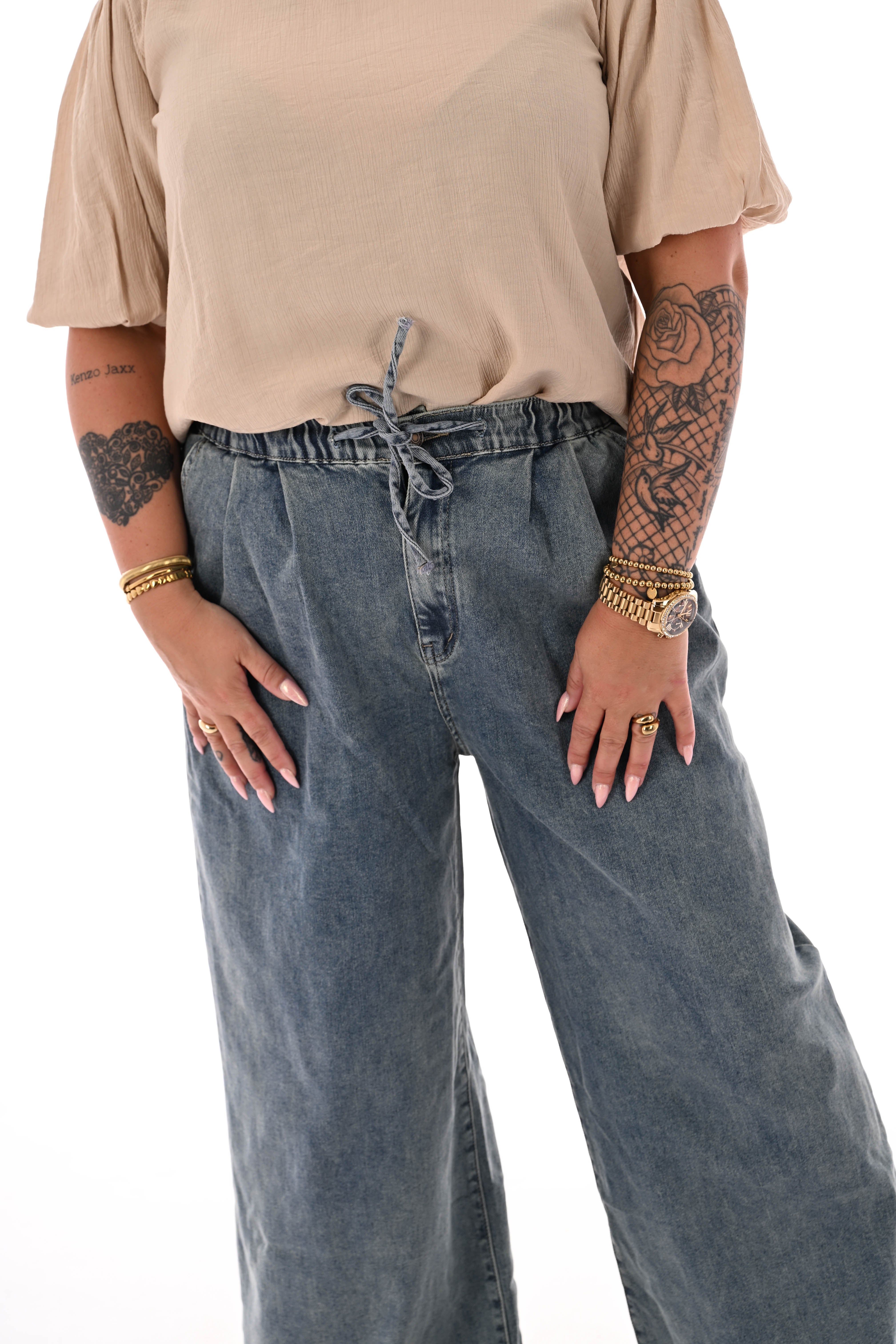 Laulia jeans elastieken taille wide leg stonewash