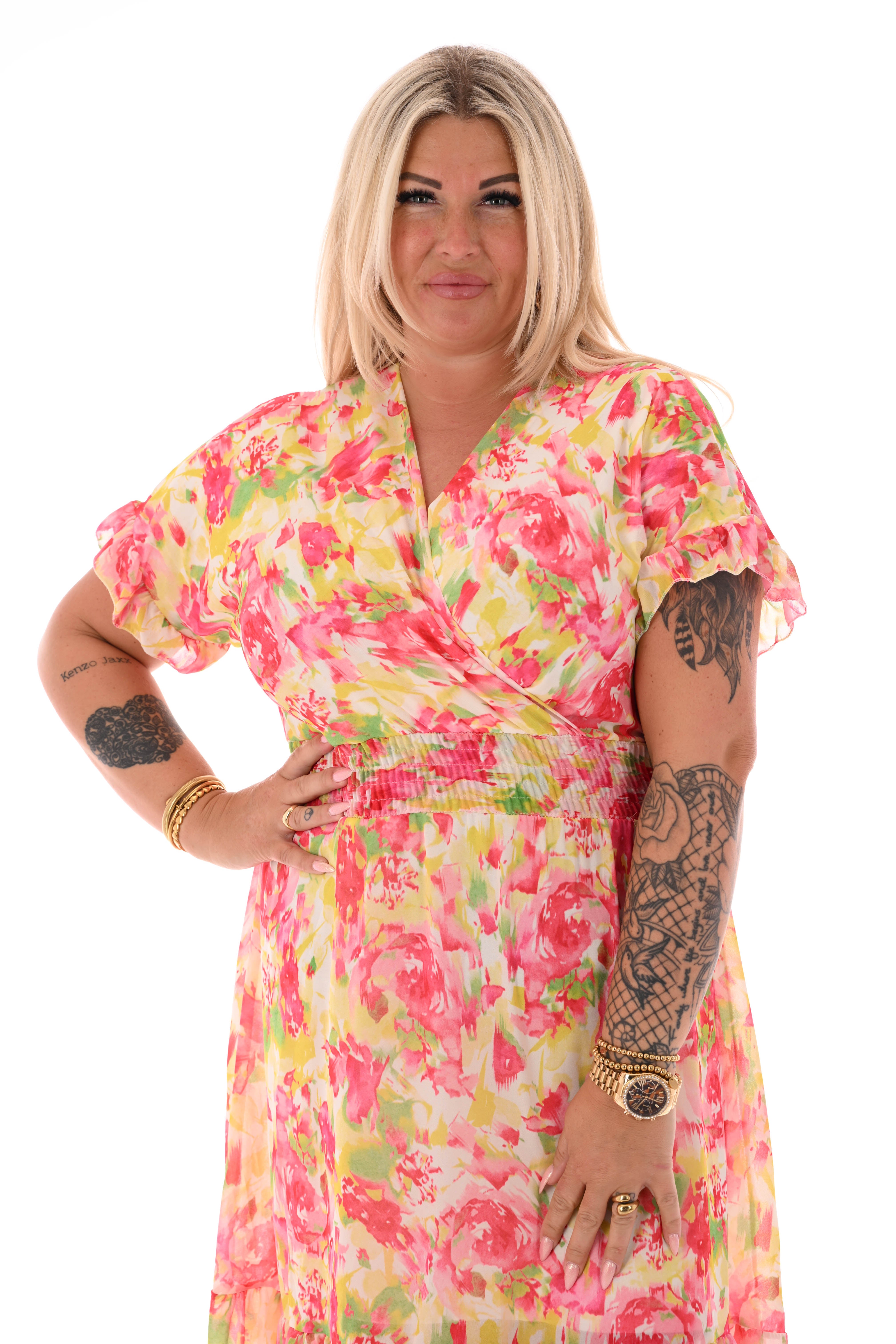 Korte roezel jurk v-hals print rozen geel