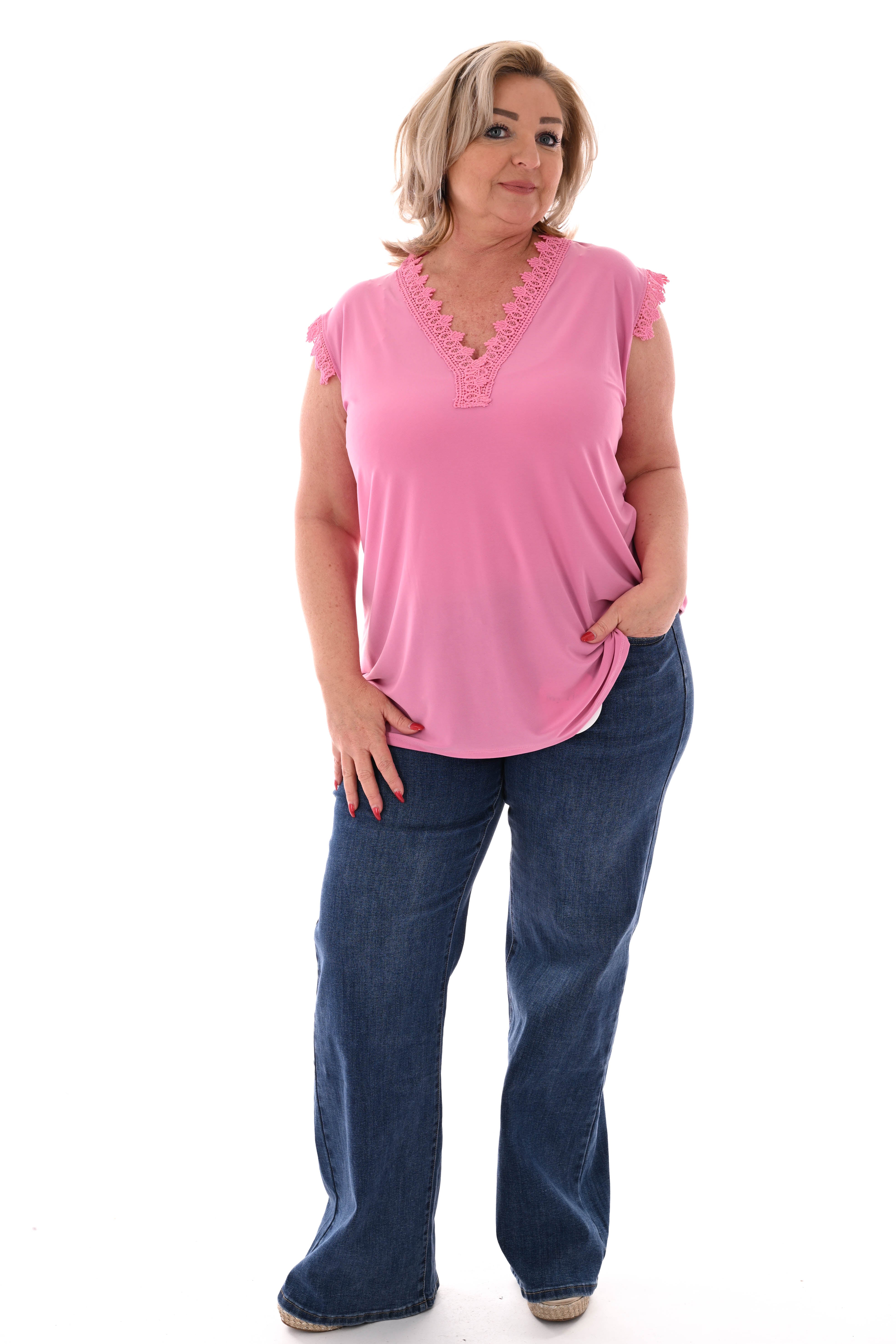 Top mouwloos kanten v-hals roze