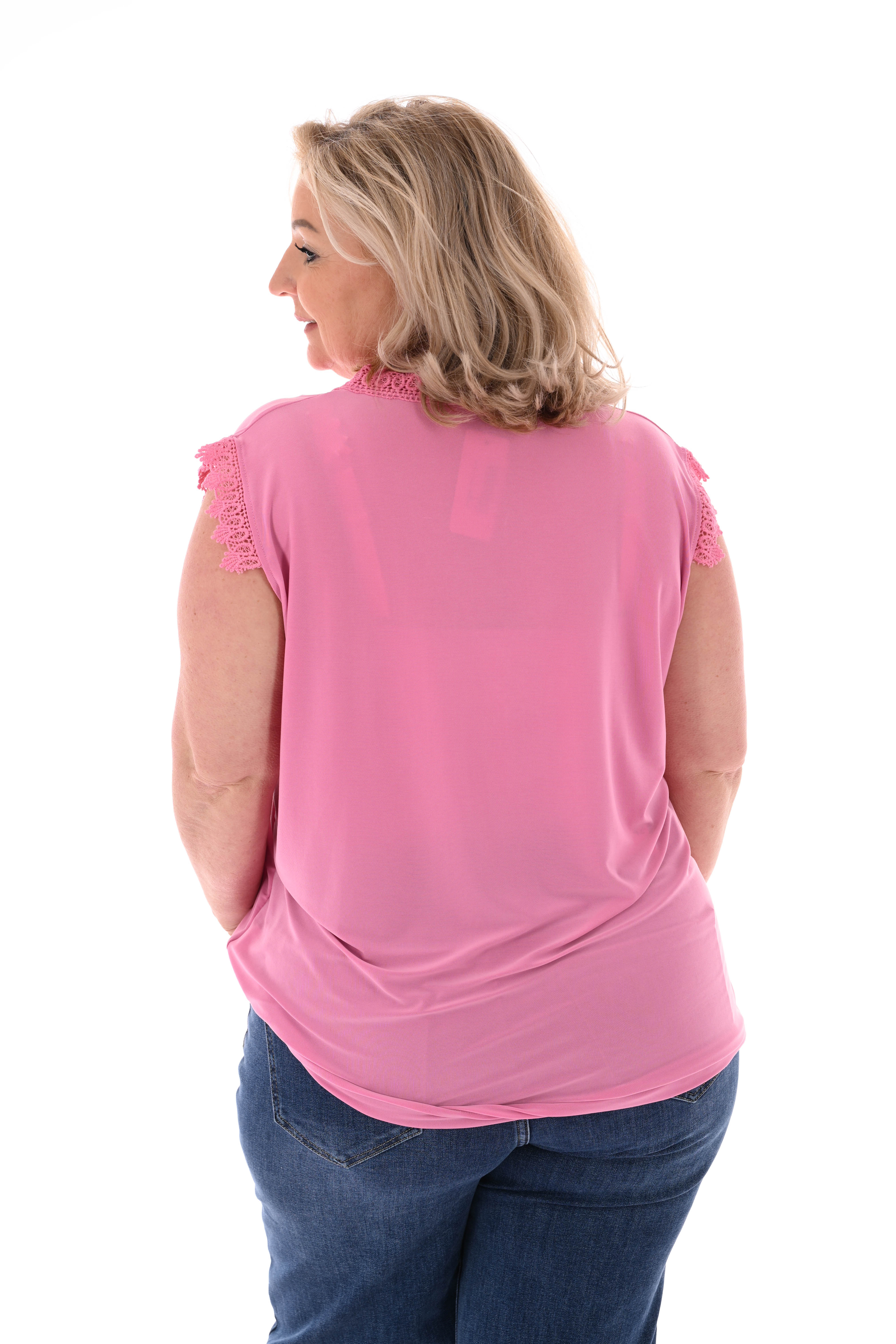 Top mouwloos kanten v-hals roze