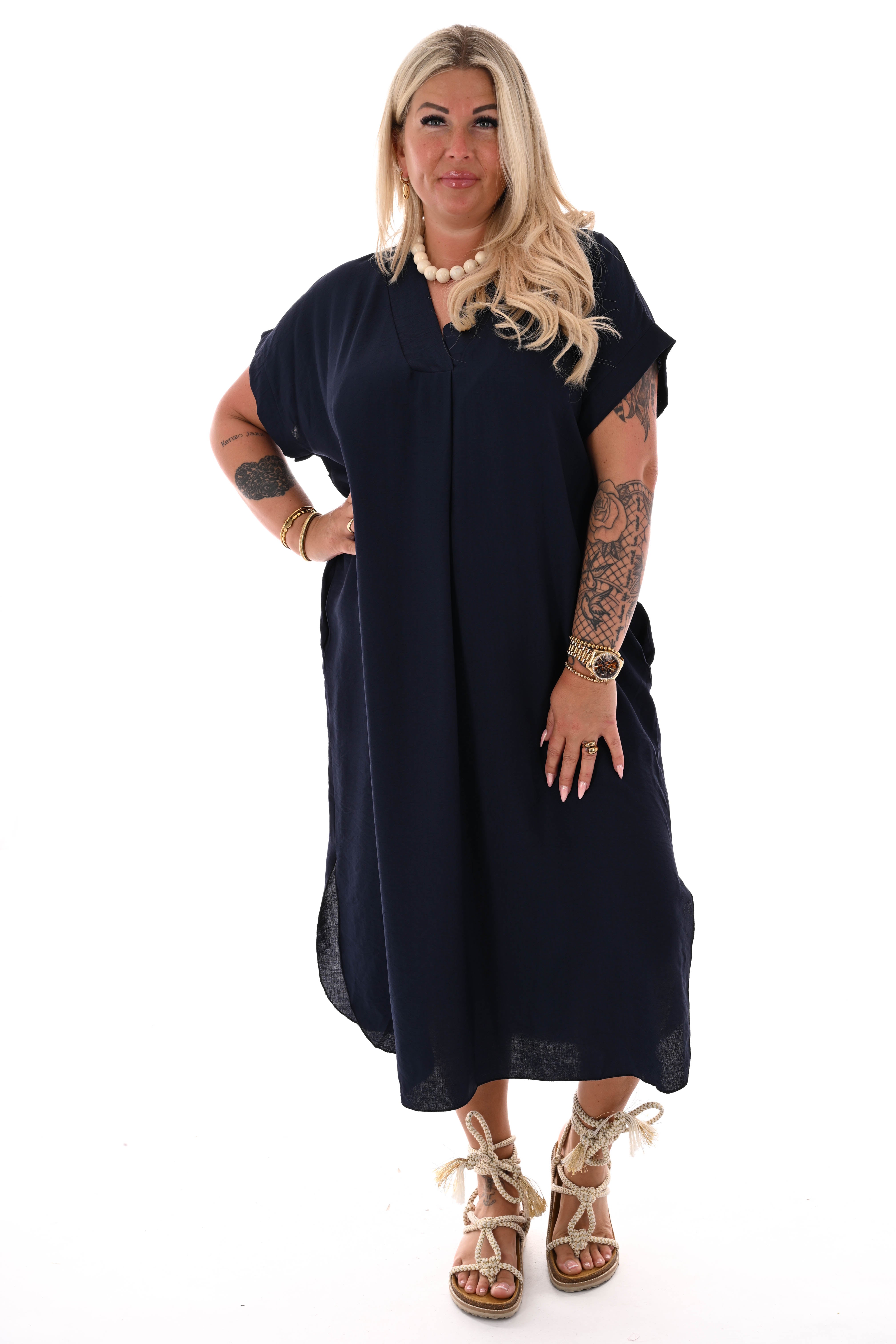 Lange jurk v-hals met zakken marineblauw