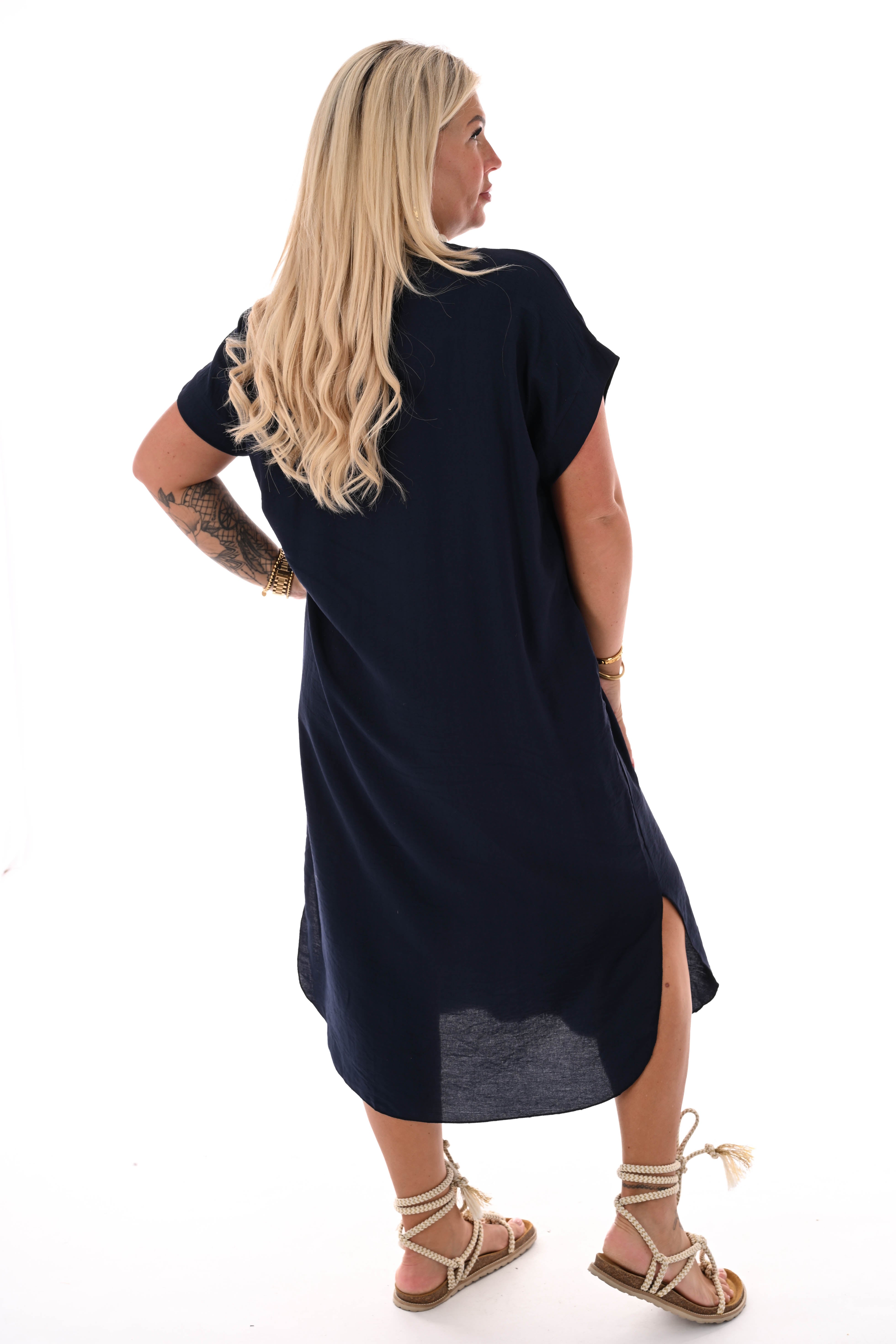 Lange jurk v-hals met zakken marineblauw