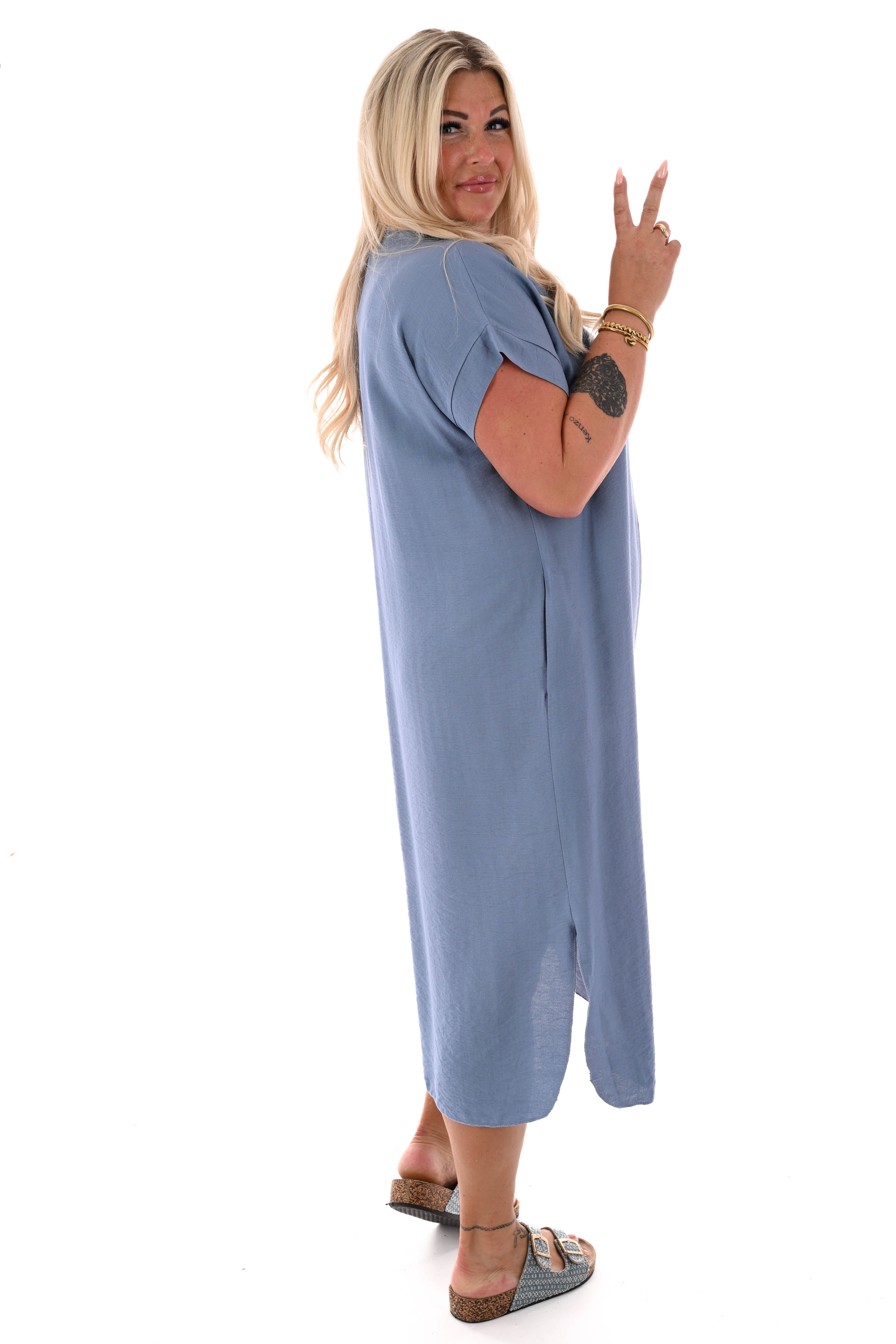 Lange jurk v-hals met zakken jeansblauw