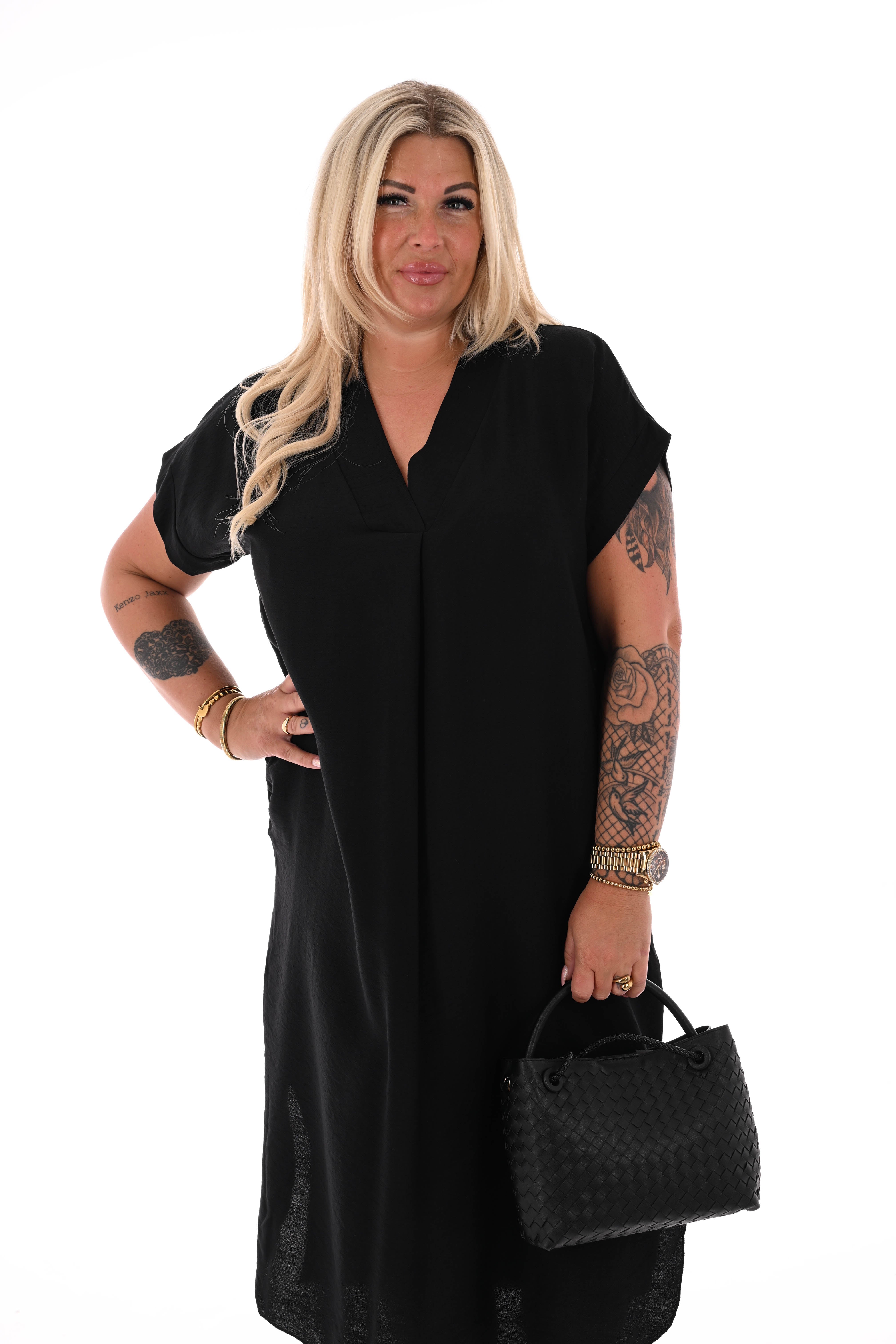 Lange jurk v-hals met zakken zwart