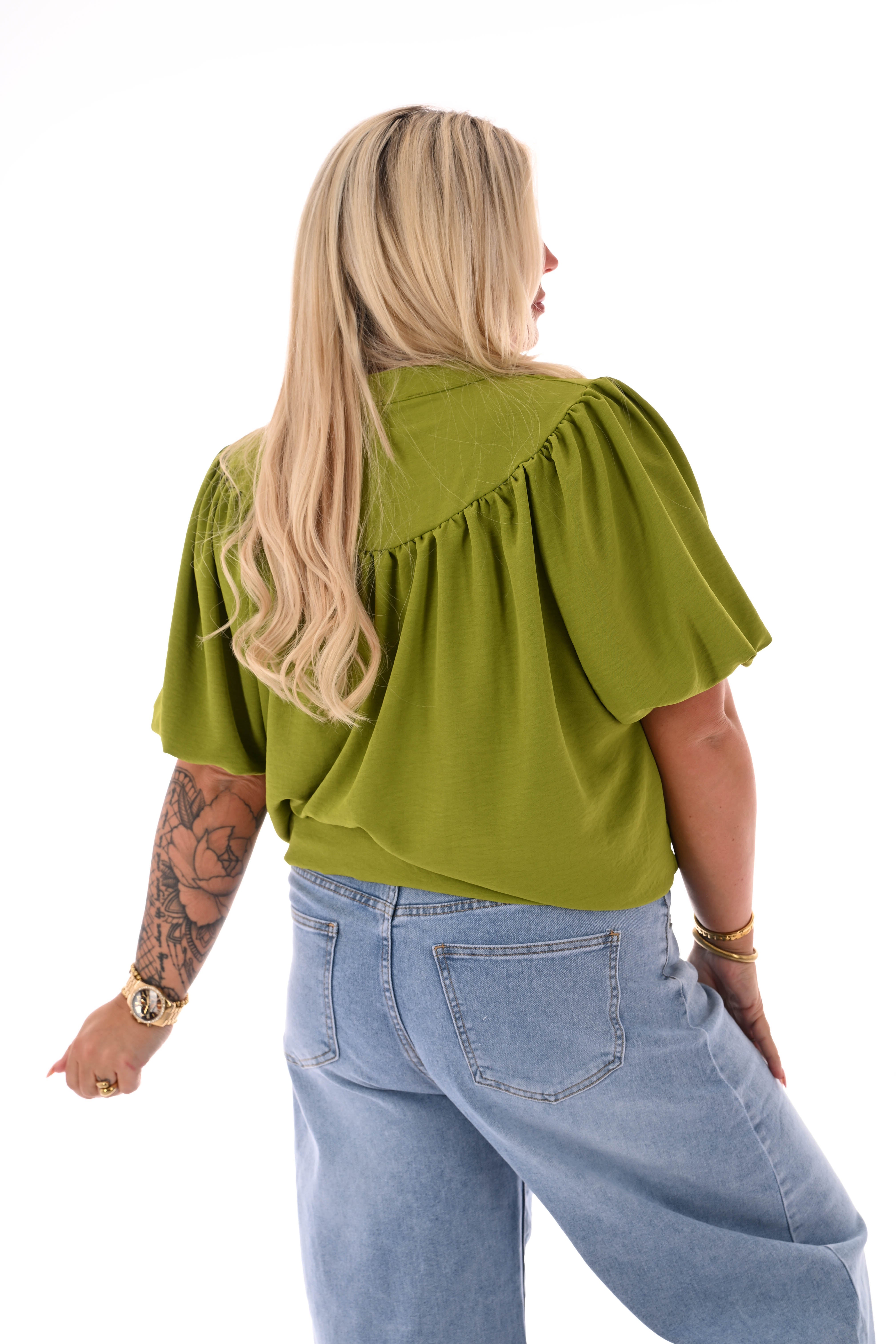 Doorknoop blouse korte pofmouwen uni lime