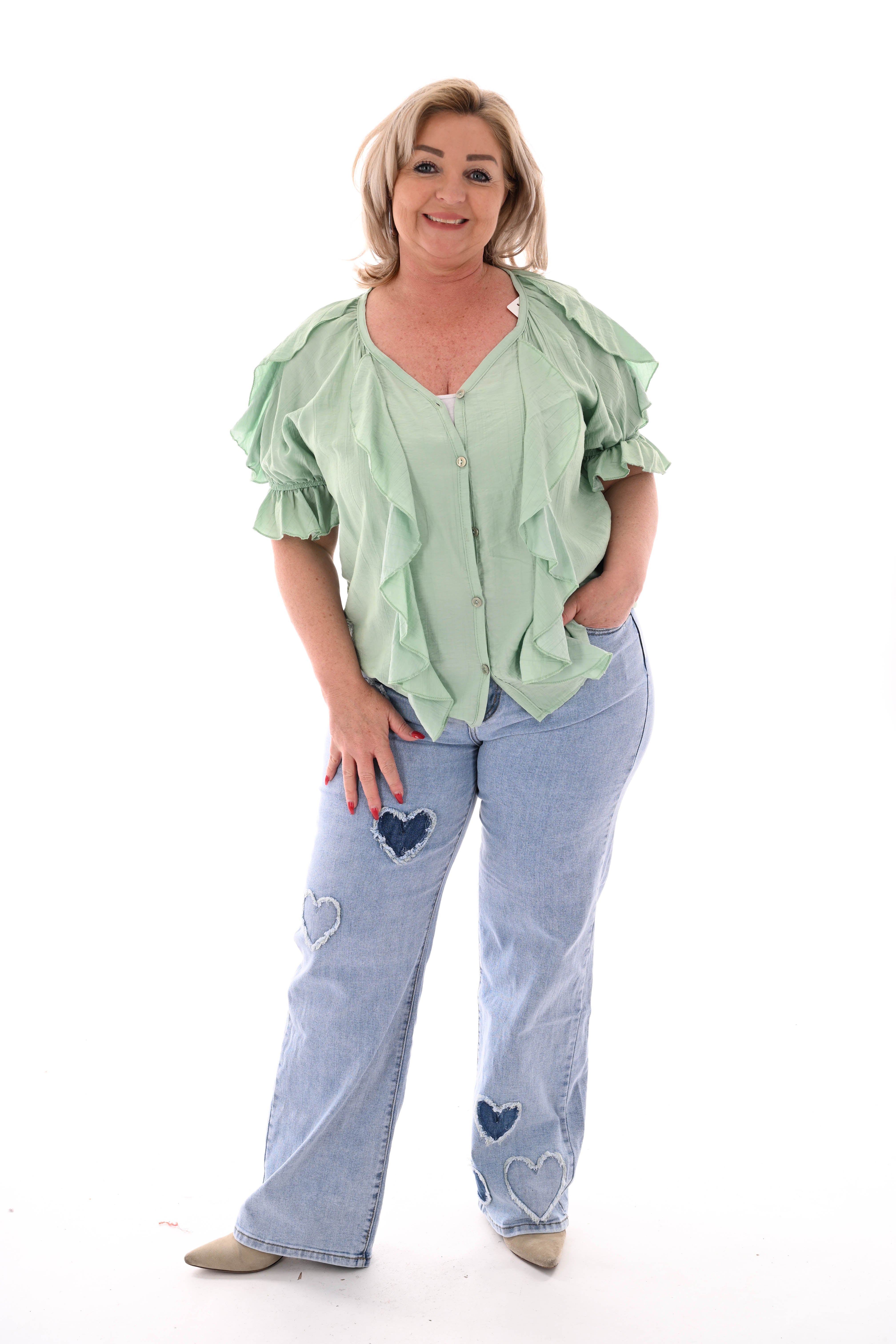 Blouse v-hals met roezel en korte mouwen pistache