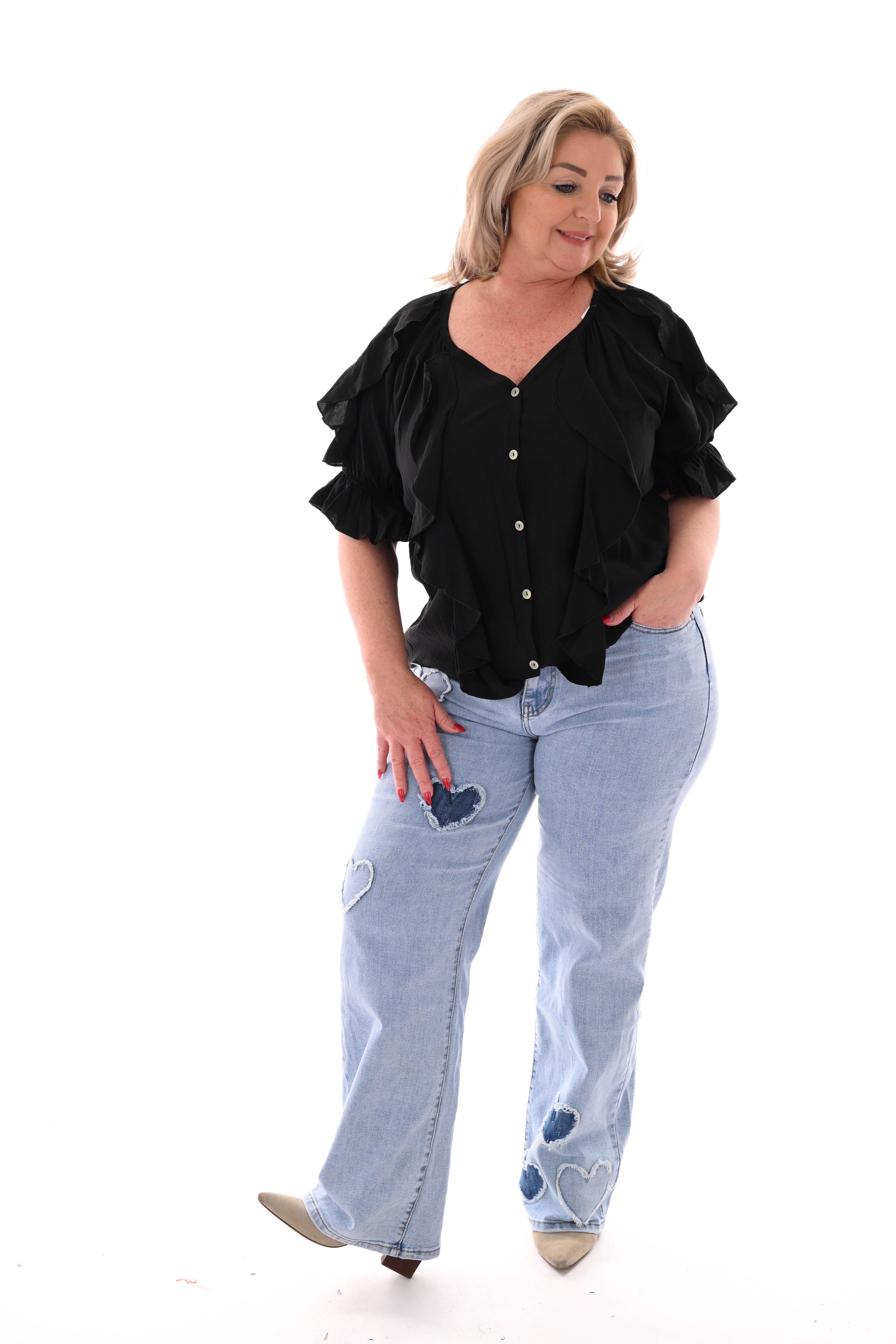 Blouse v-hals met roezel en korte mouwen zwart