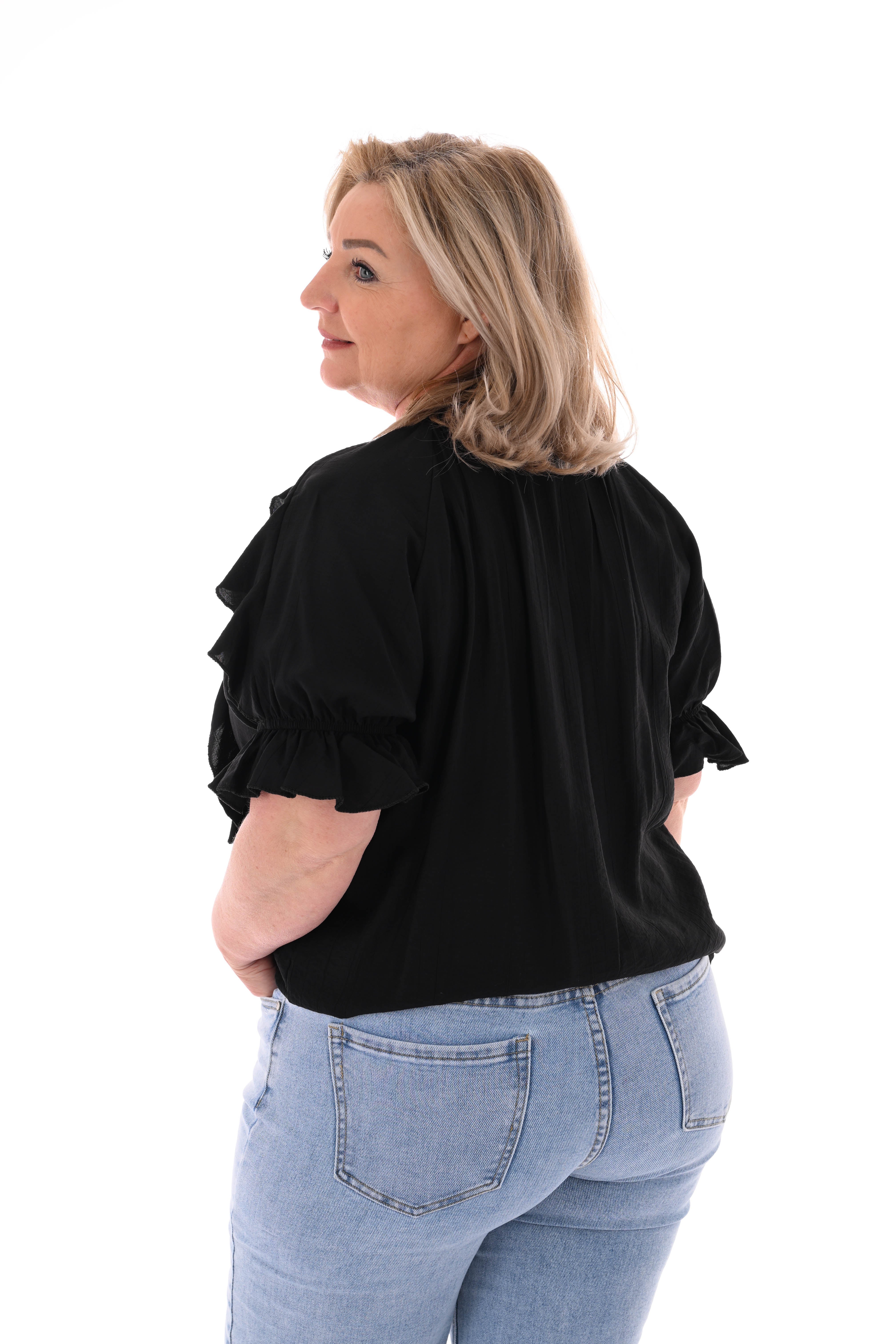 Blouse v-hals met roezel en korte mouwen zwart