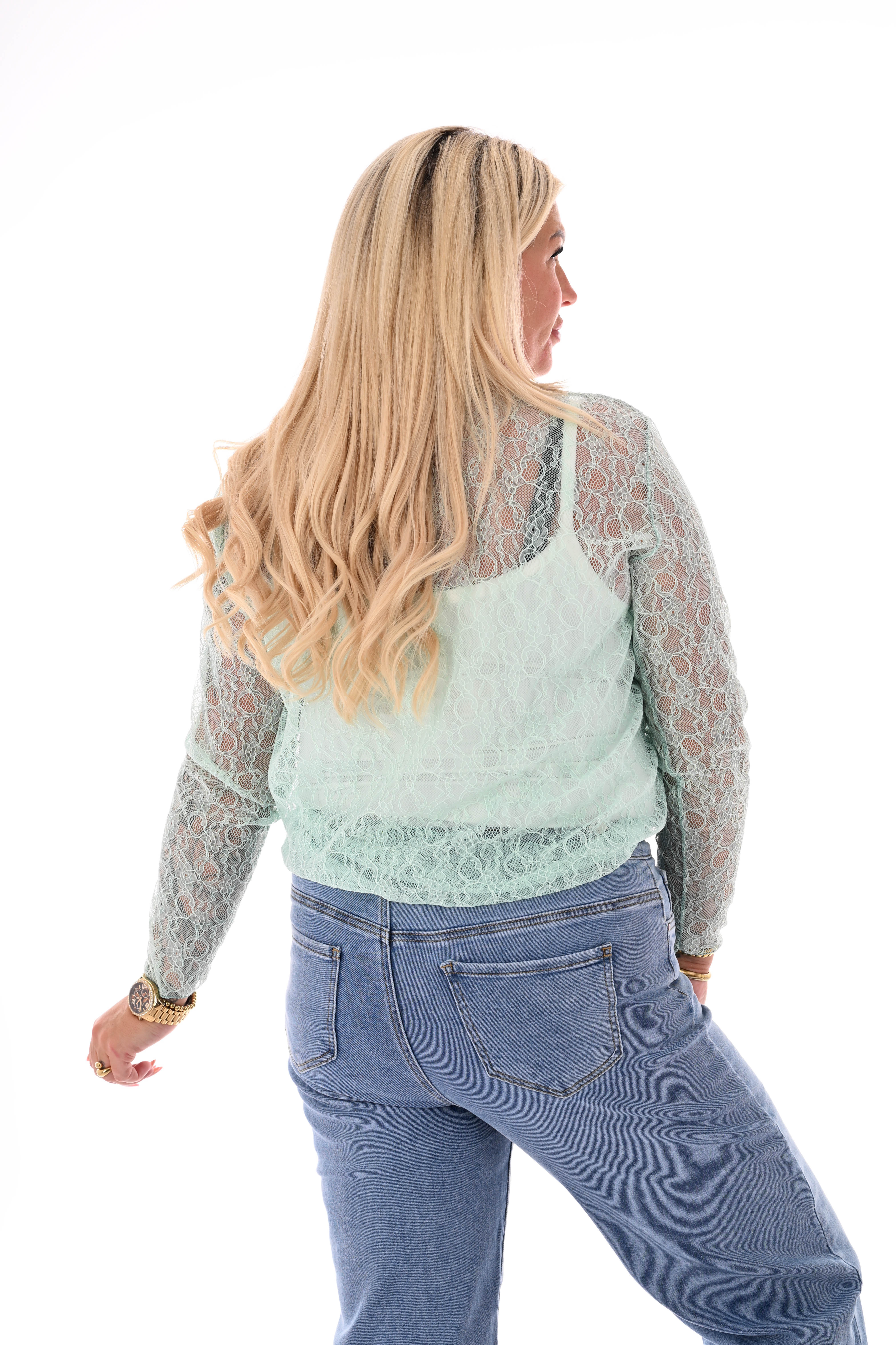 Kanten top ronde hals turquoise