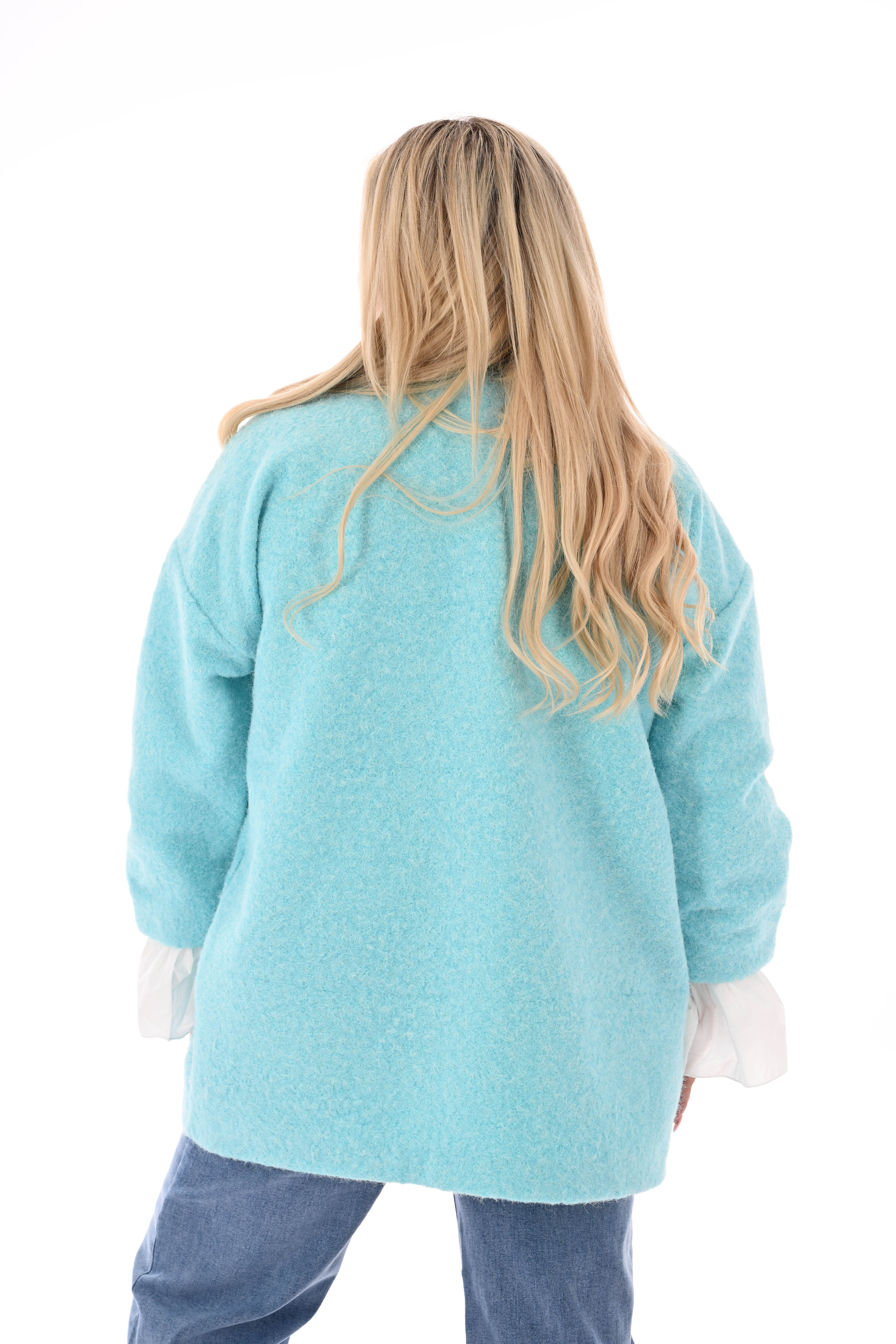 Wavy boucle jasje gedrapeerde mouwen turquoise