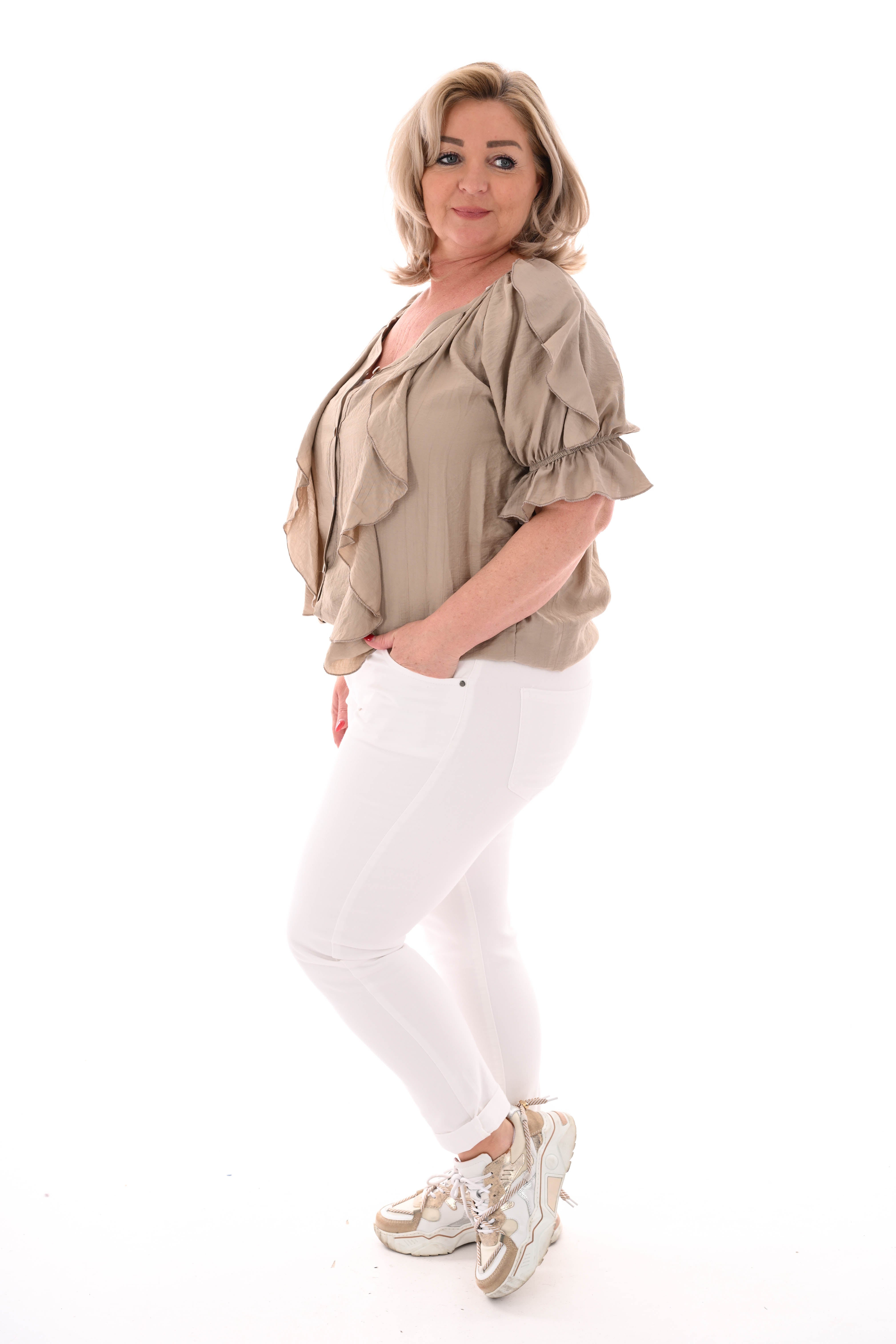 Blouse v-hals met roezel en korte mouwen taupe