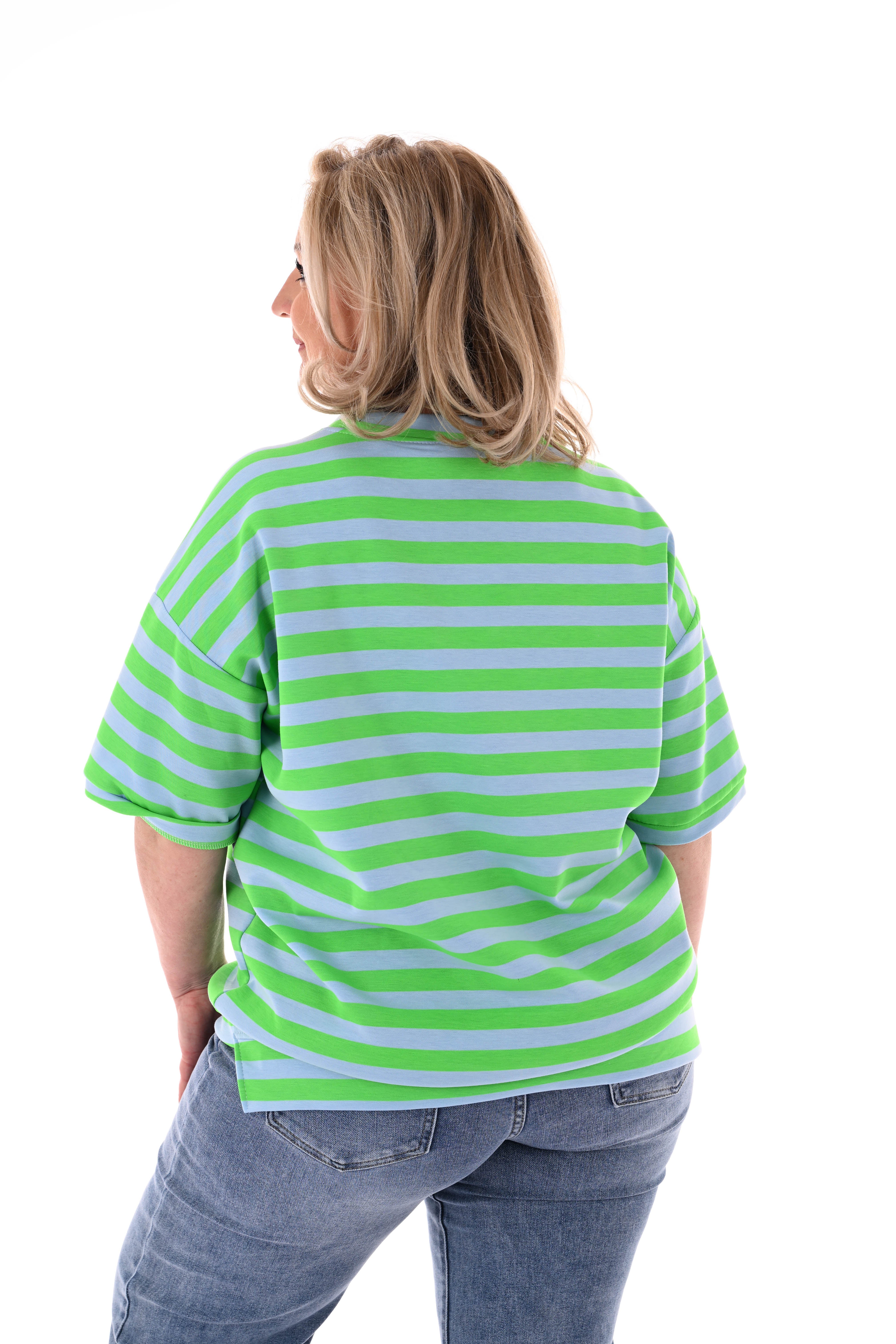 Sweater korte mouwen met boord strepen groen/lichtblauw