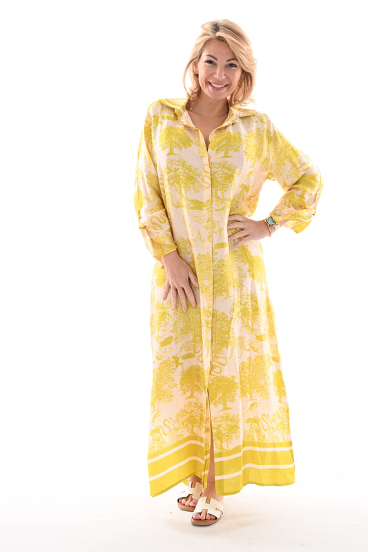 Lange silky jurk doorknoop safari lime
