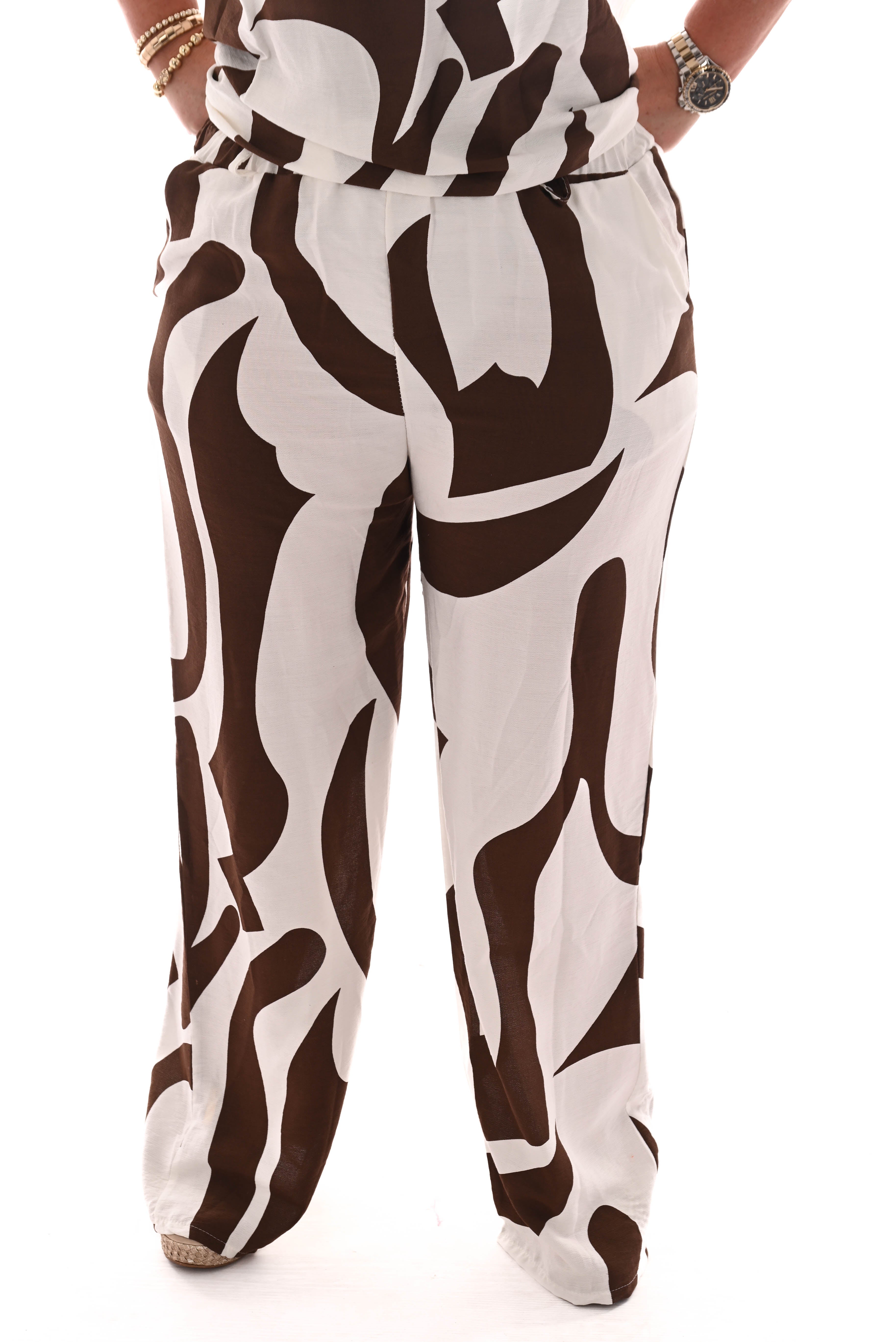 Tweedelig set off-shoulder top abstract roomwit/bruin