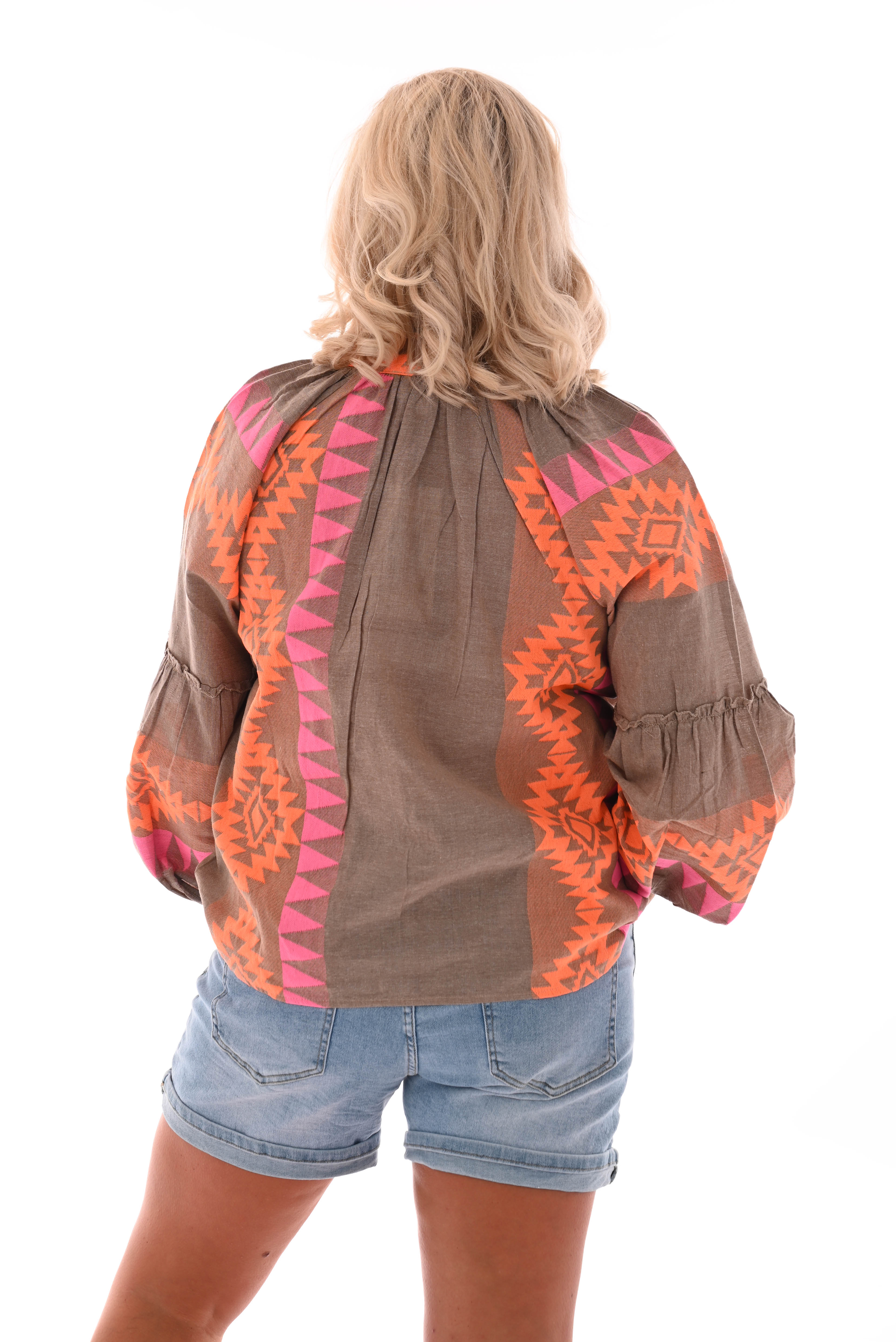 Top v-hals aztec lange pofmauwen taupe/oranje