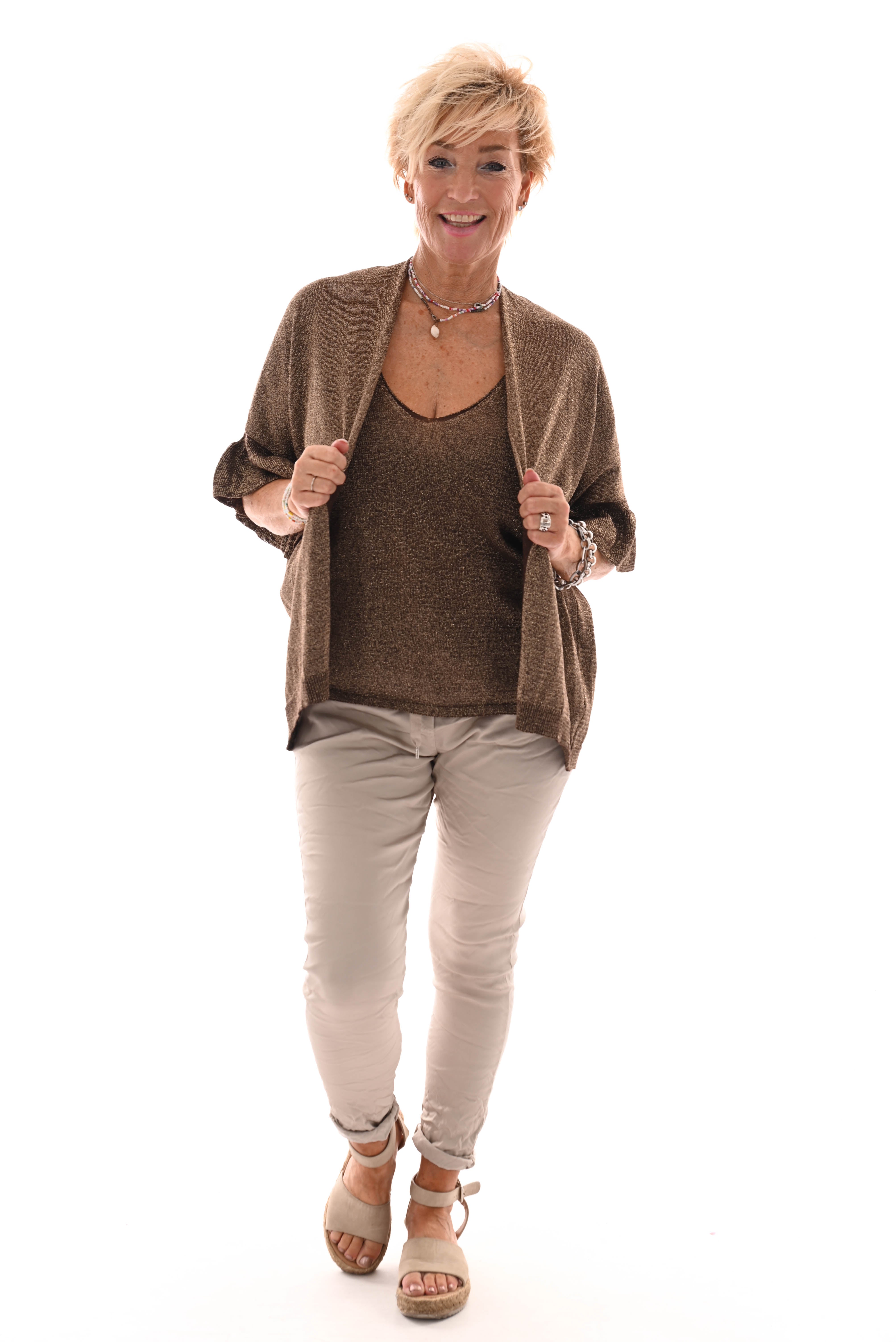 Vest met top set v-hals lurex bruin
