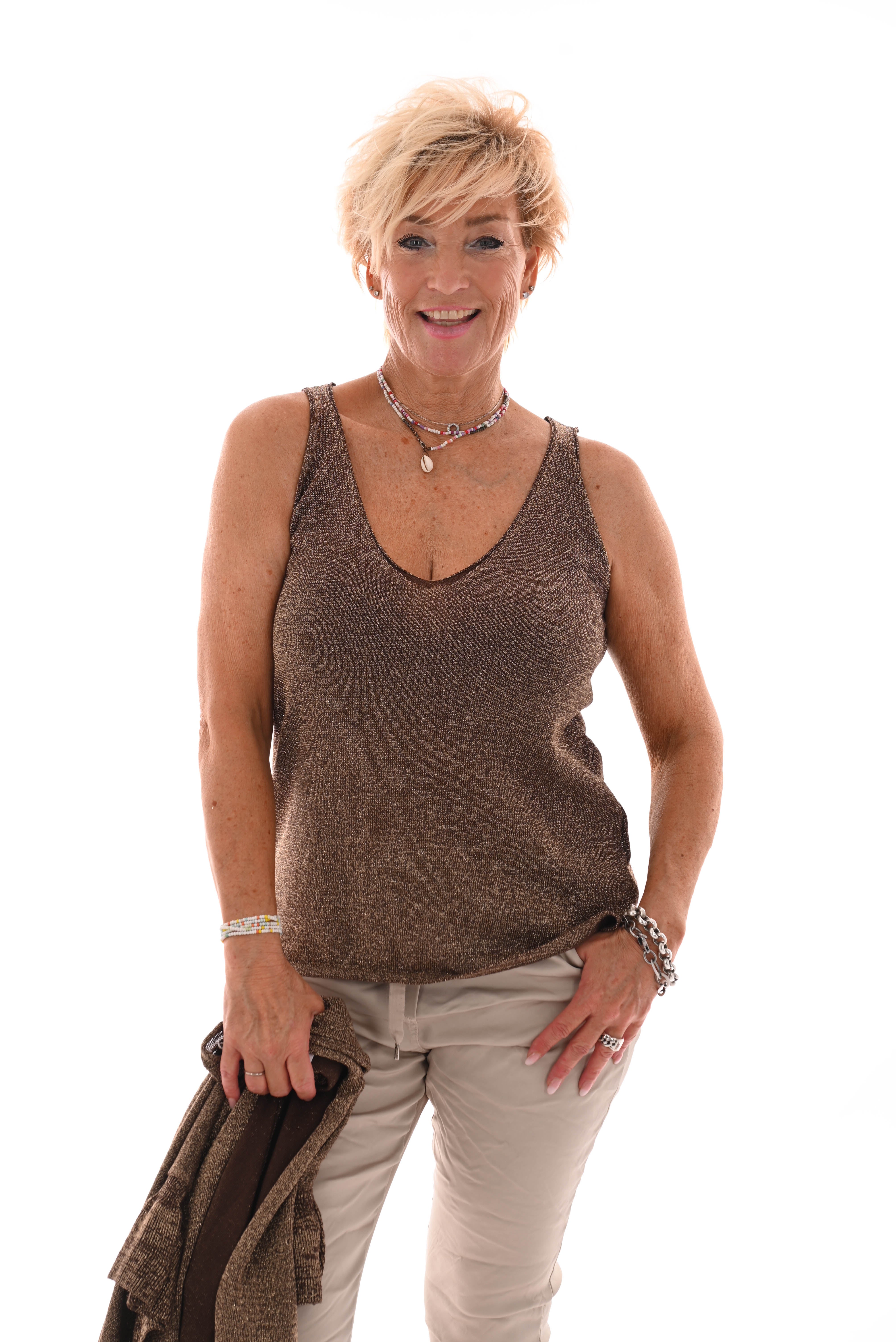 Vest met top set v-hals lurex bruin