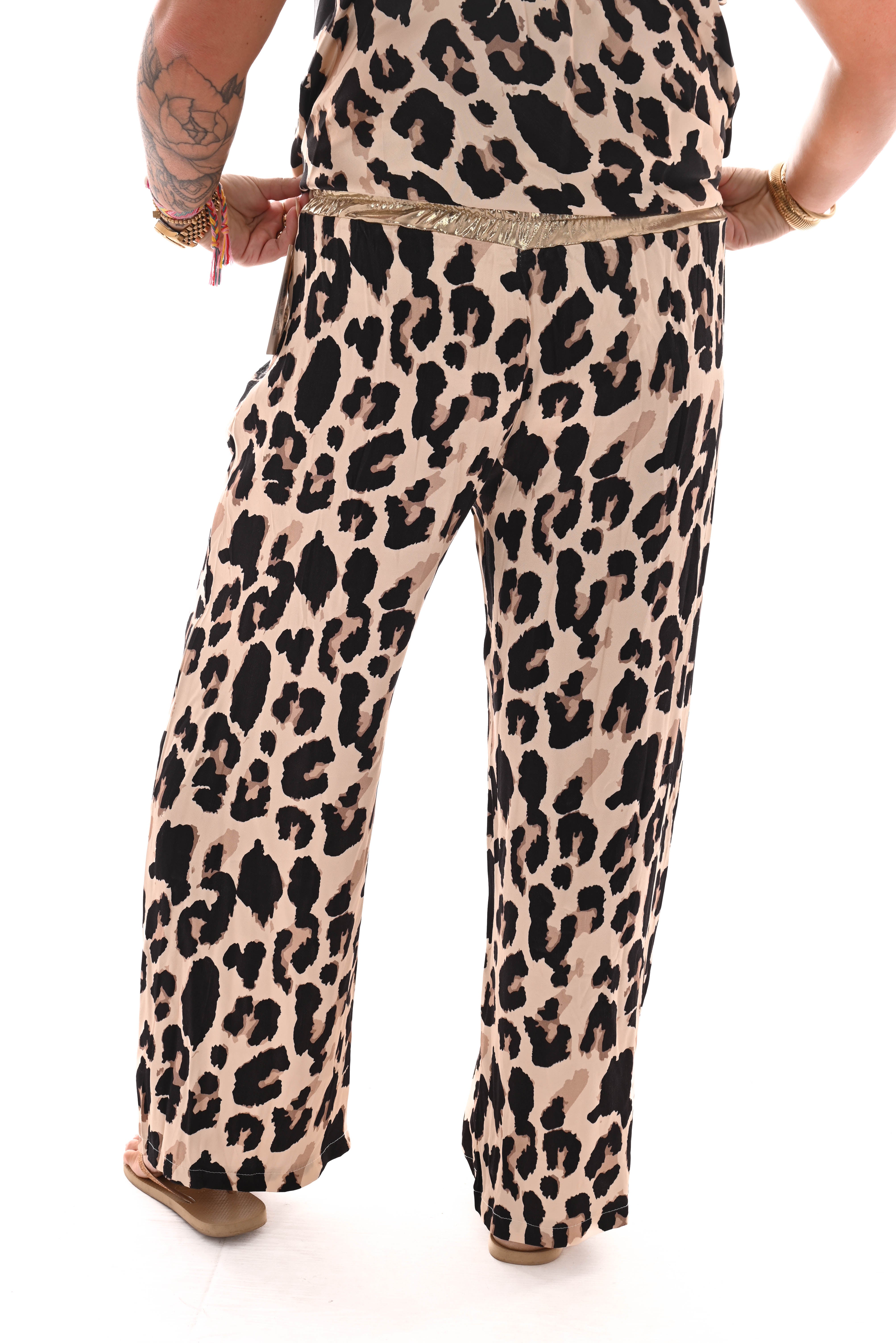Wijde panterprint broek gouden band beige