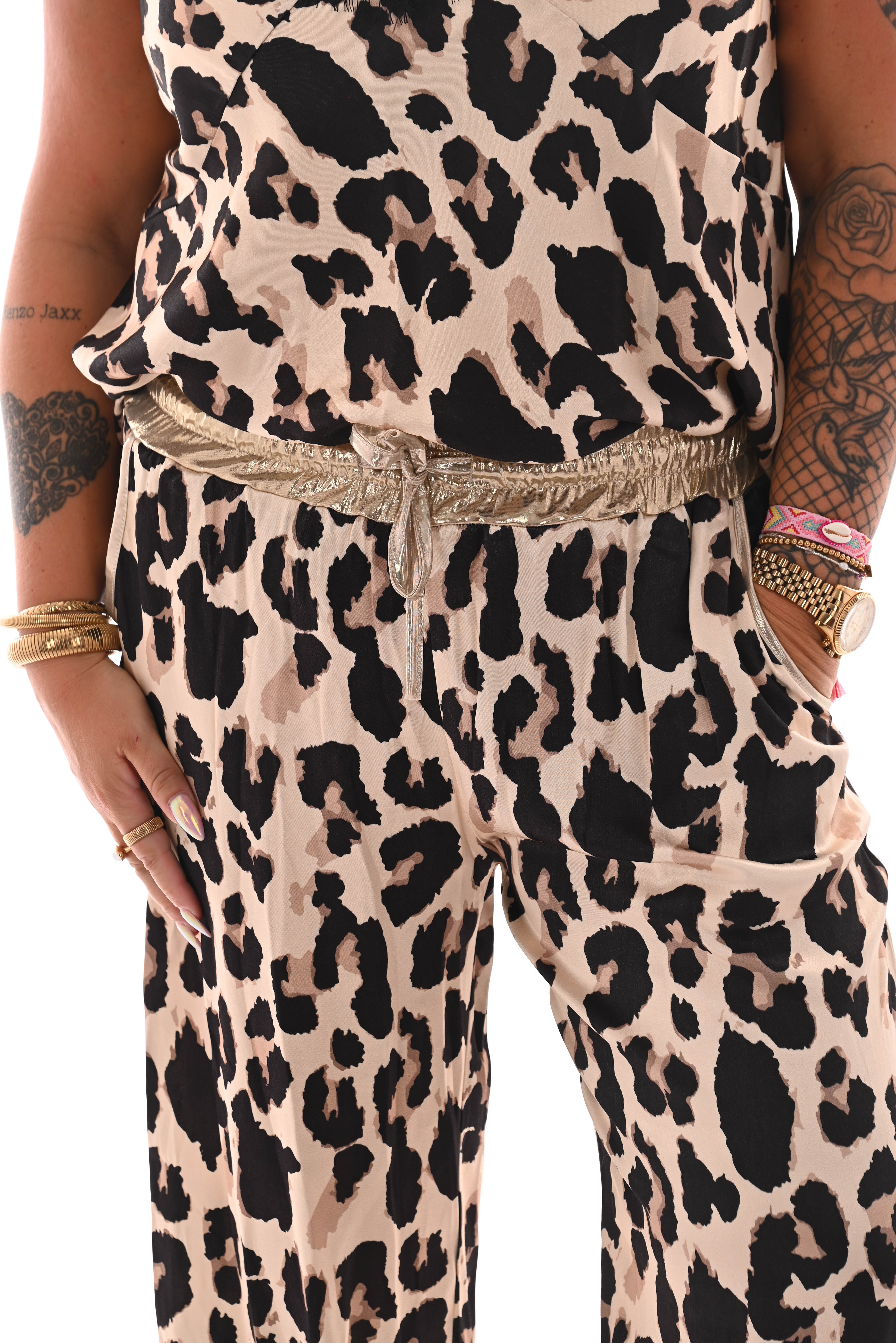 Wijde panterprint broek gouden band beige