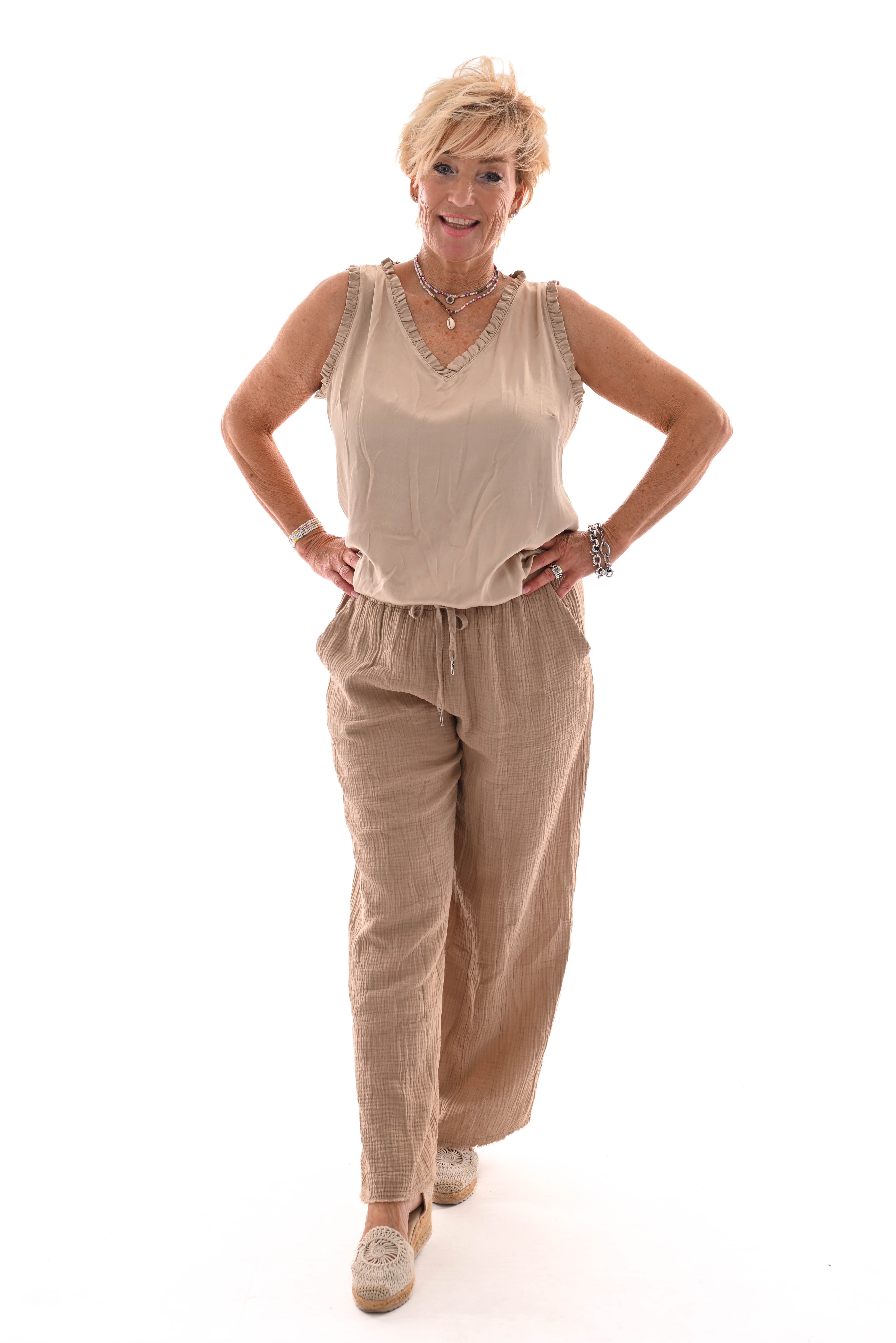 Wijde broek wafel uni camel