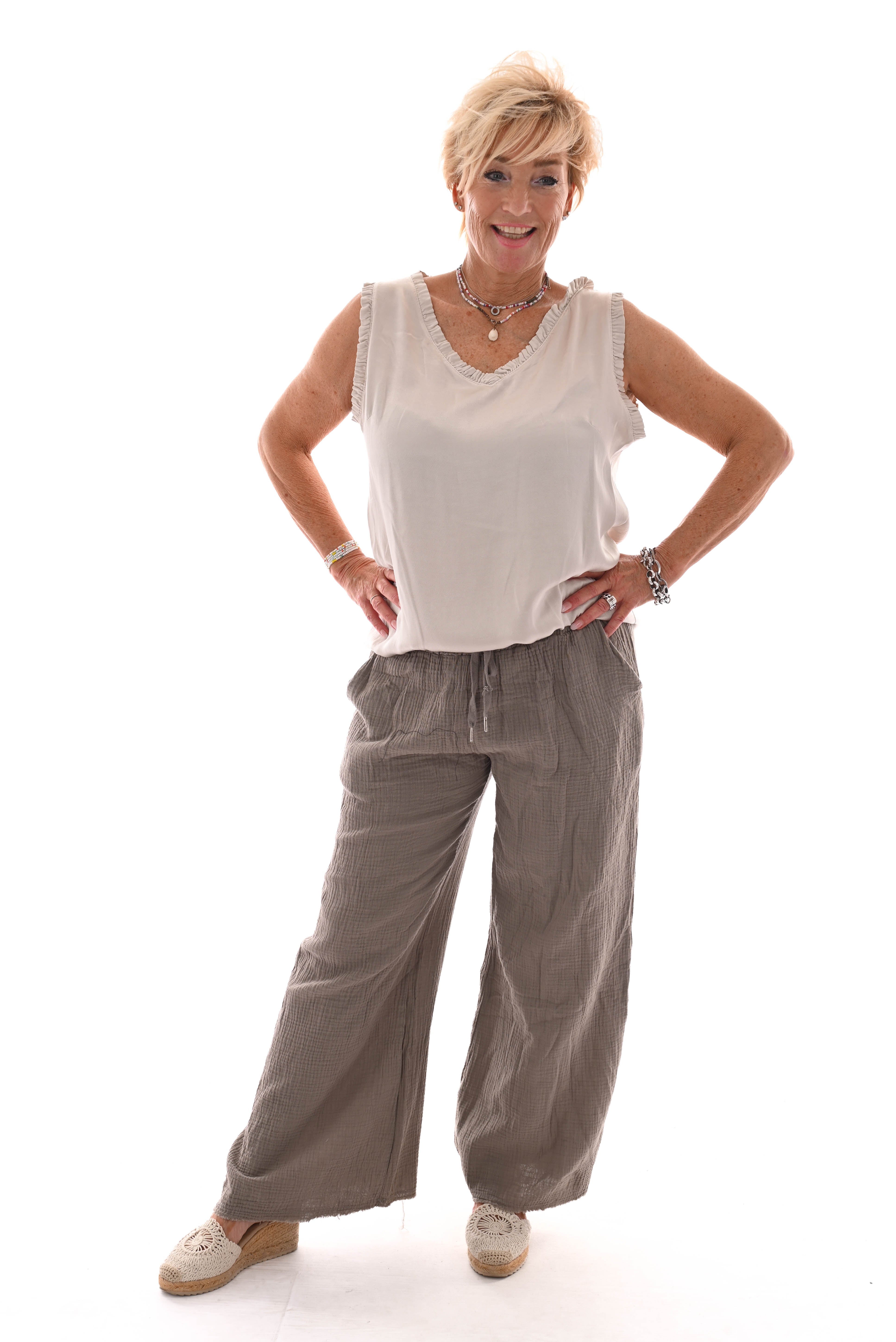Wijde broek wafel uni taupe