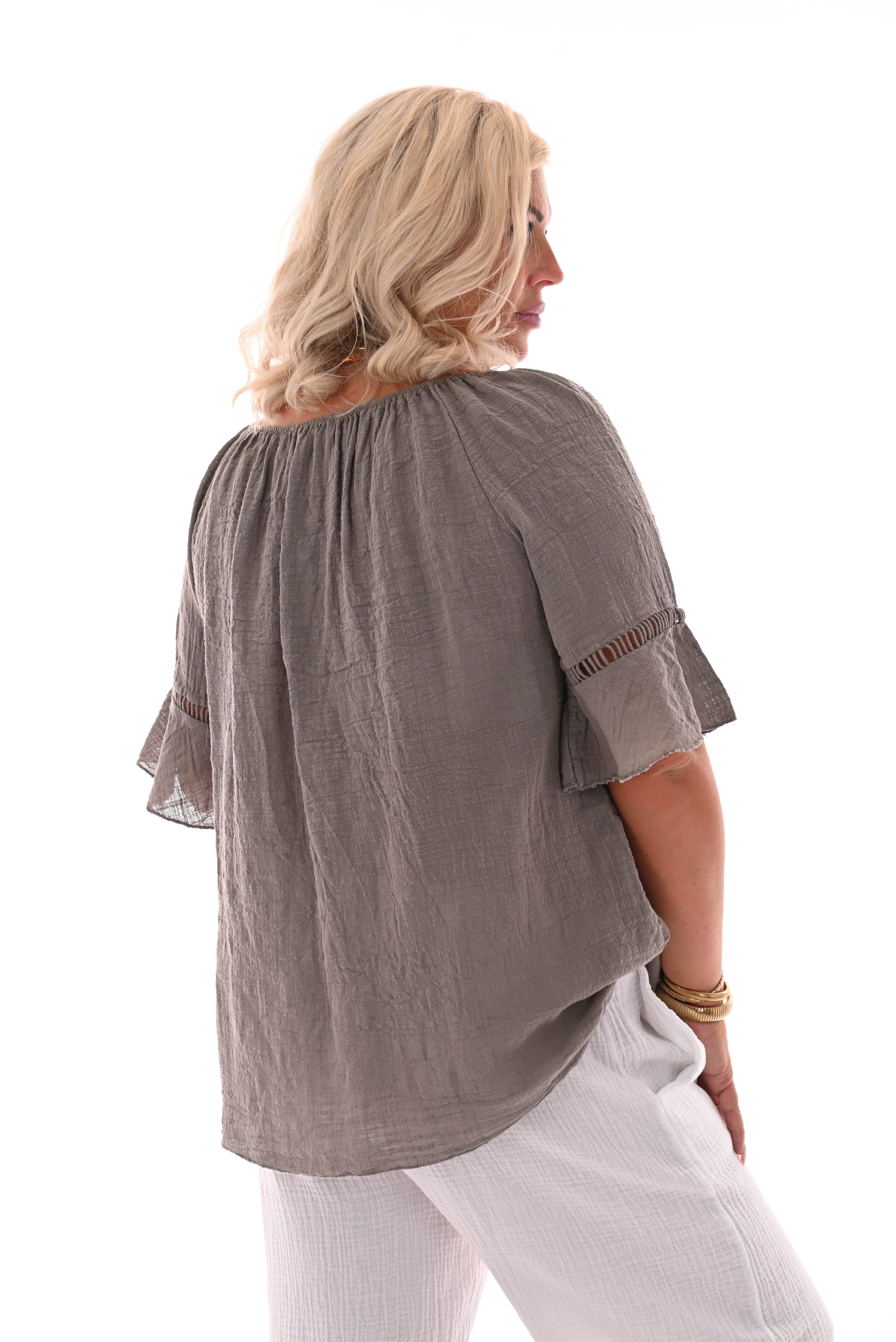 Katoenen top 3/4e mouwen taupe