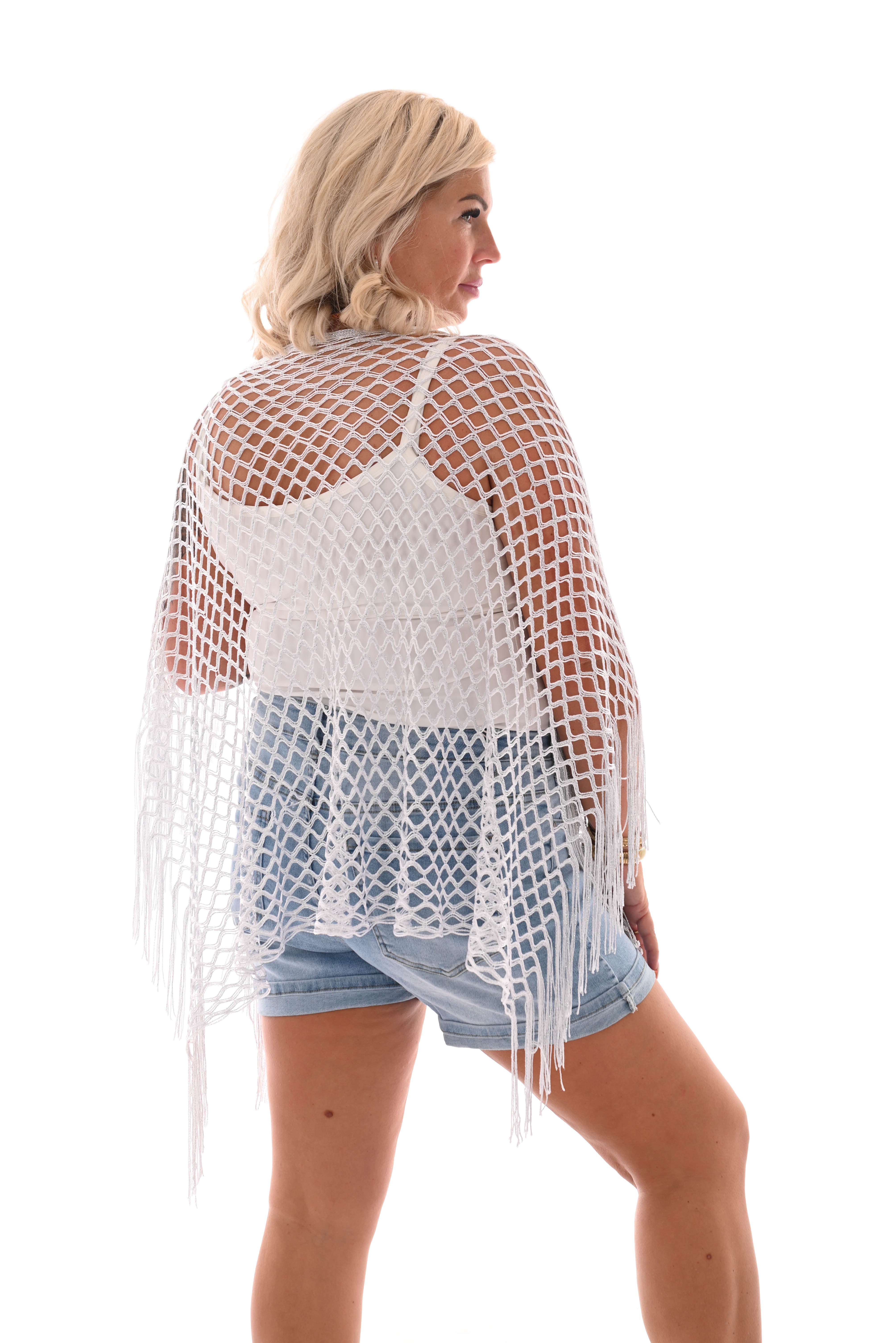 Poncho gehaakt met franjes zilver
