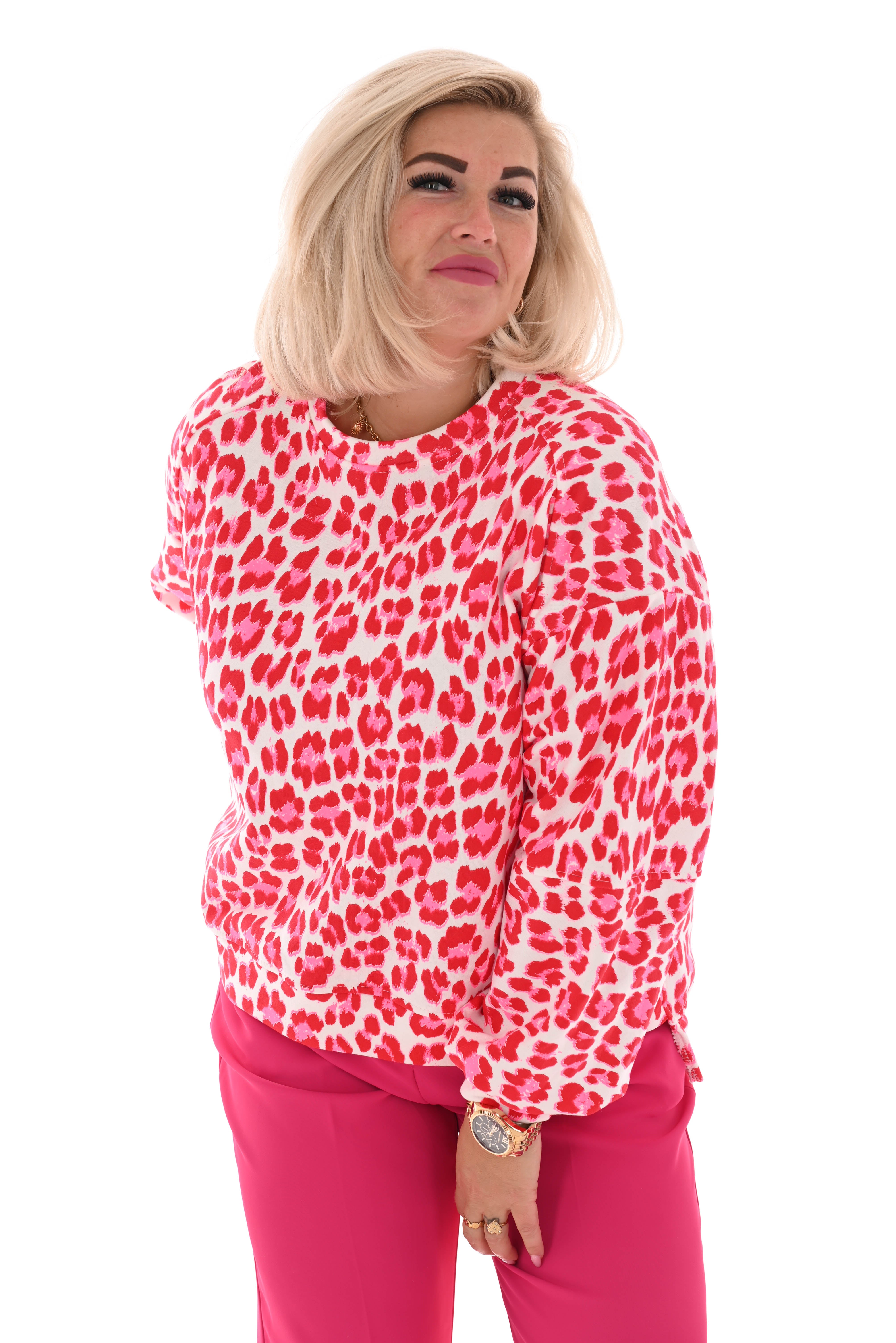 Sweater panterprint wit/rood