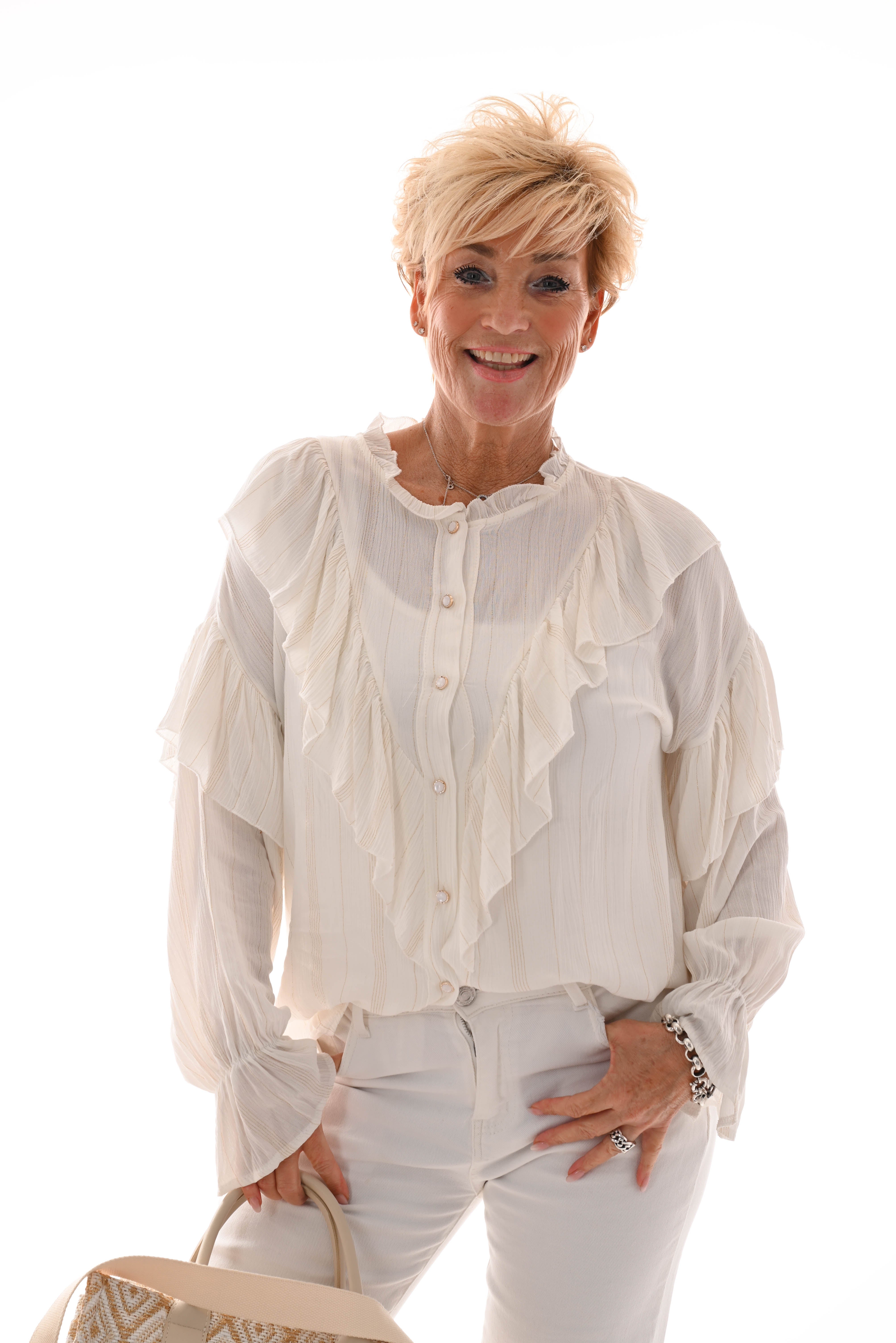 Blouse doorknoop ruffle roomwit
