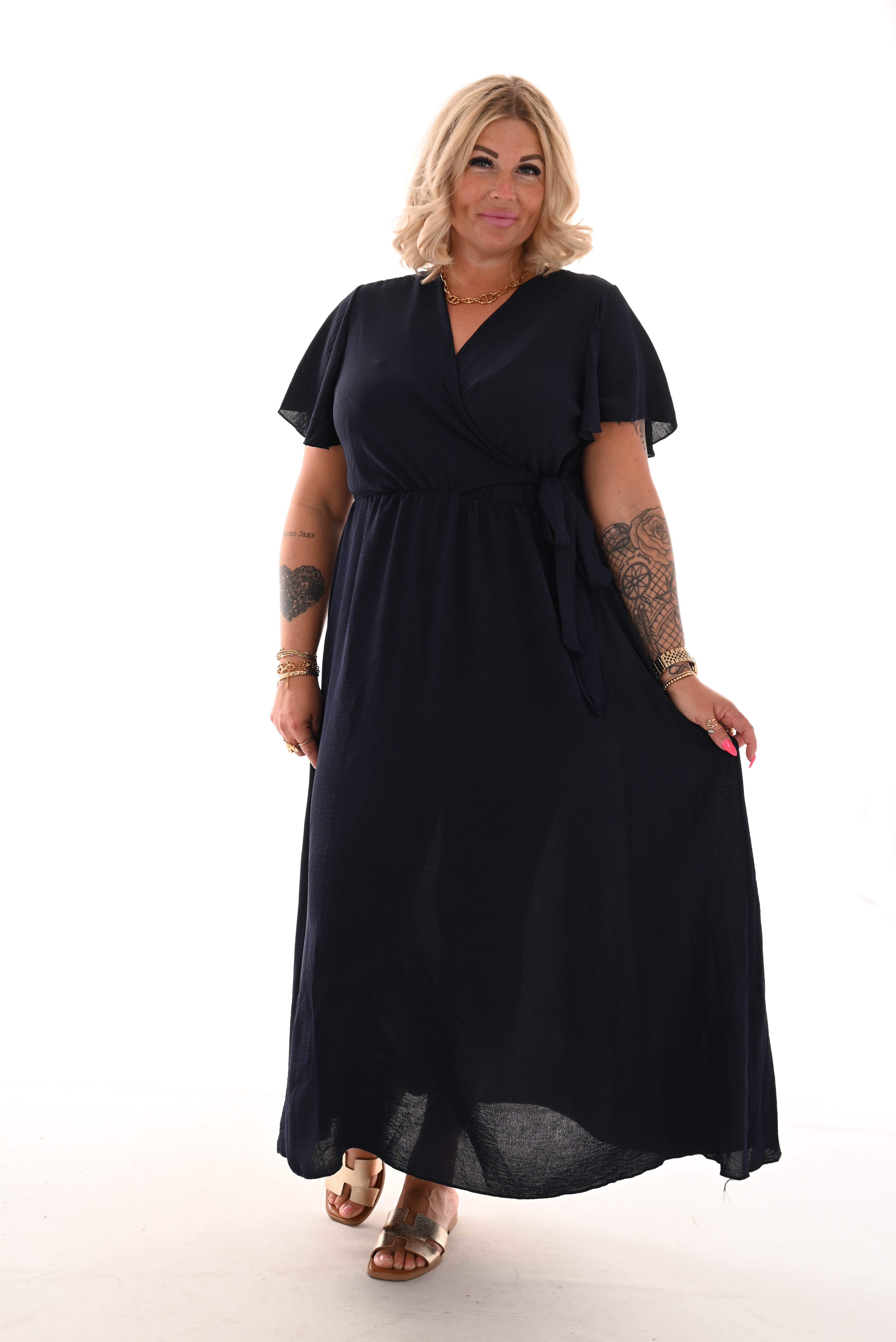 Maxi jurk met strik uni marineblauw