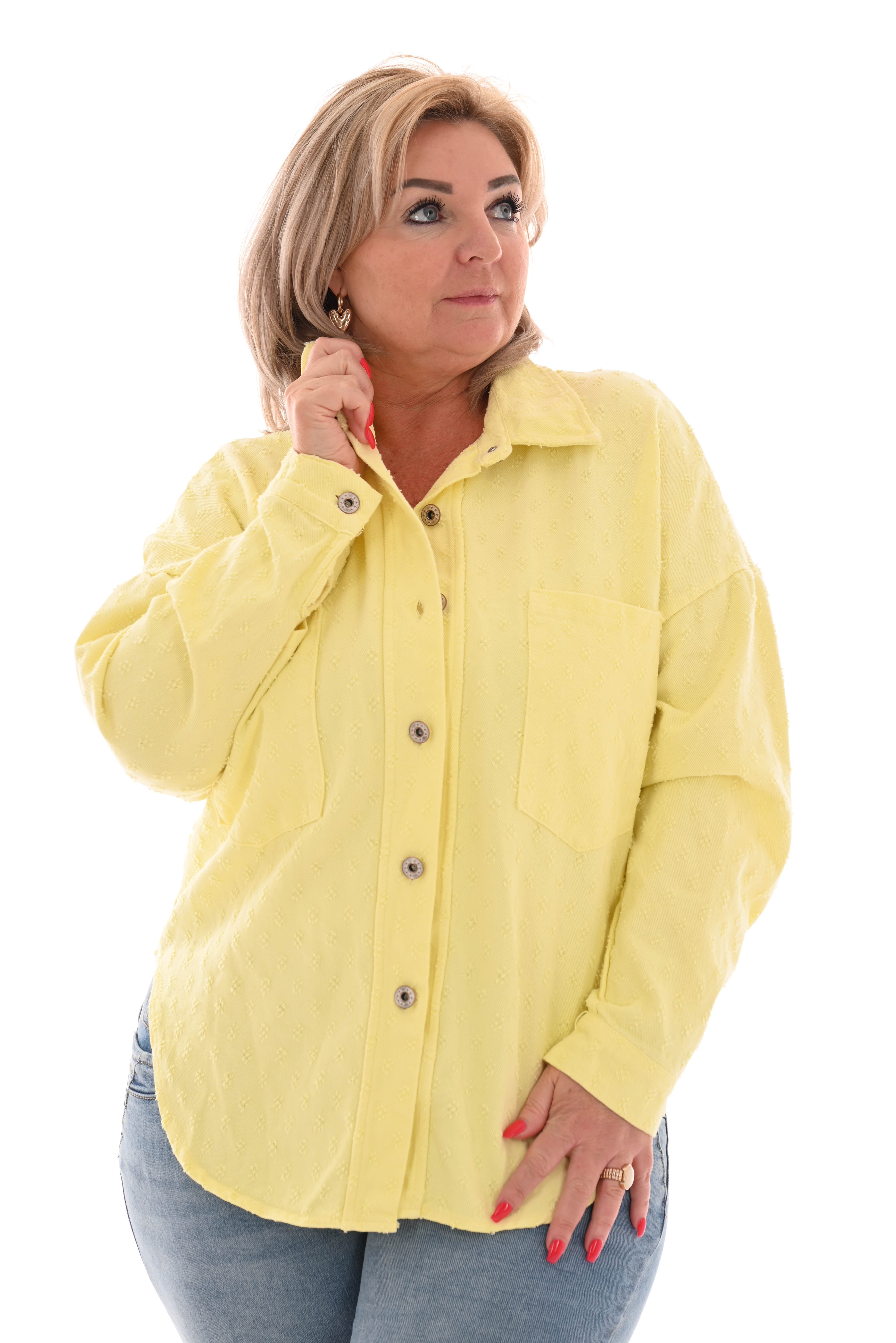 Denim blouse bewerkt geel