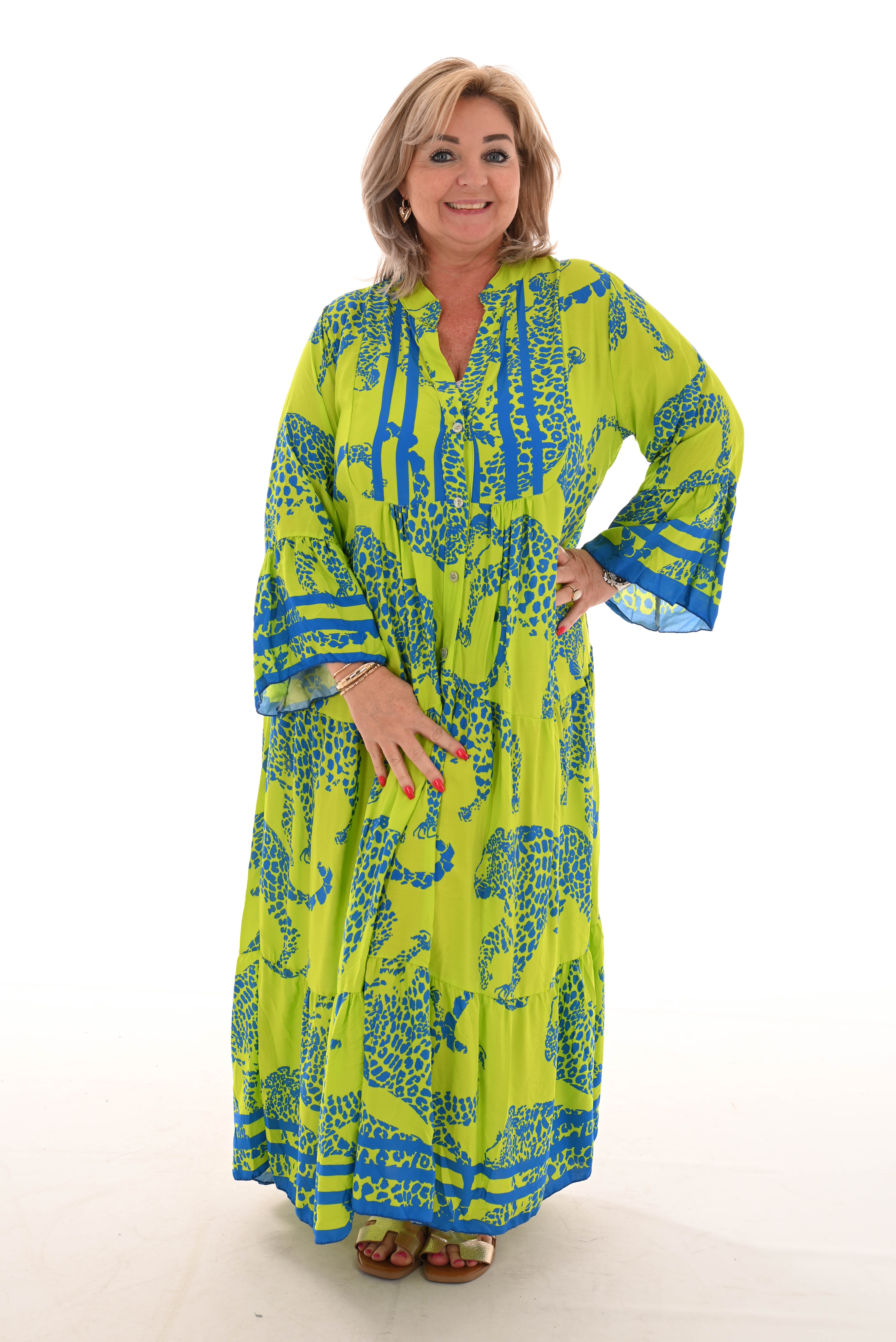 Maxi jurk v-hals panters 3/4e mouwen lime/kobalt