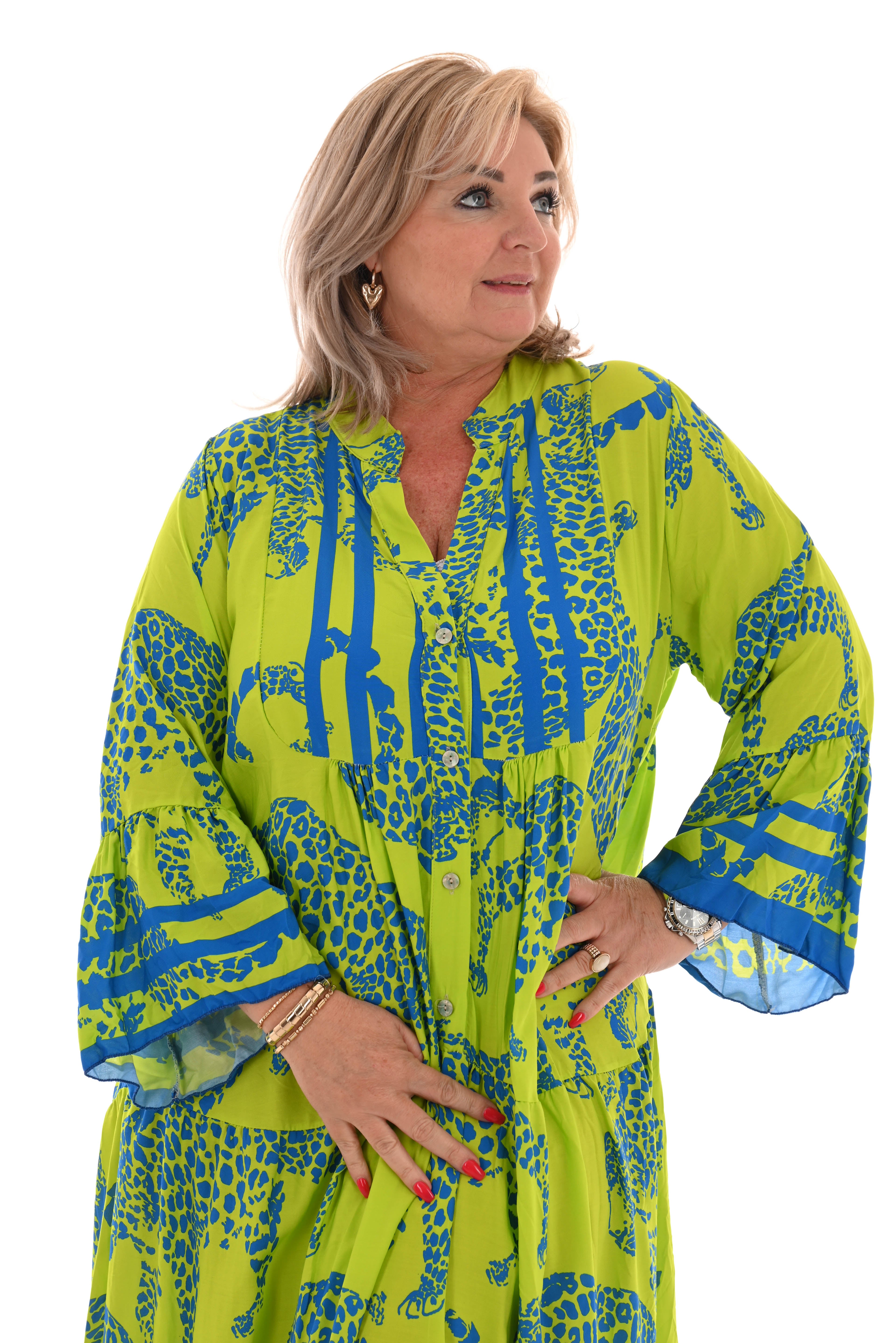 Maxi jurk v-hals panters 3/4e mouwen lime/kobalt