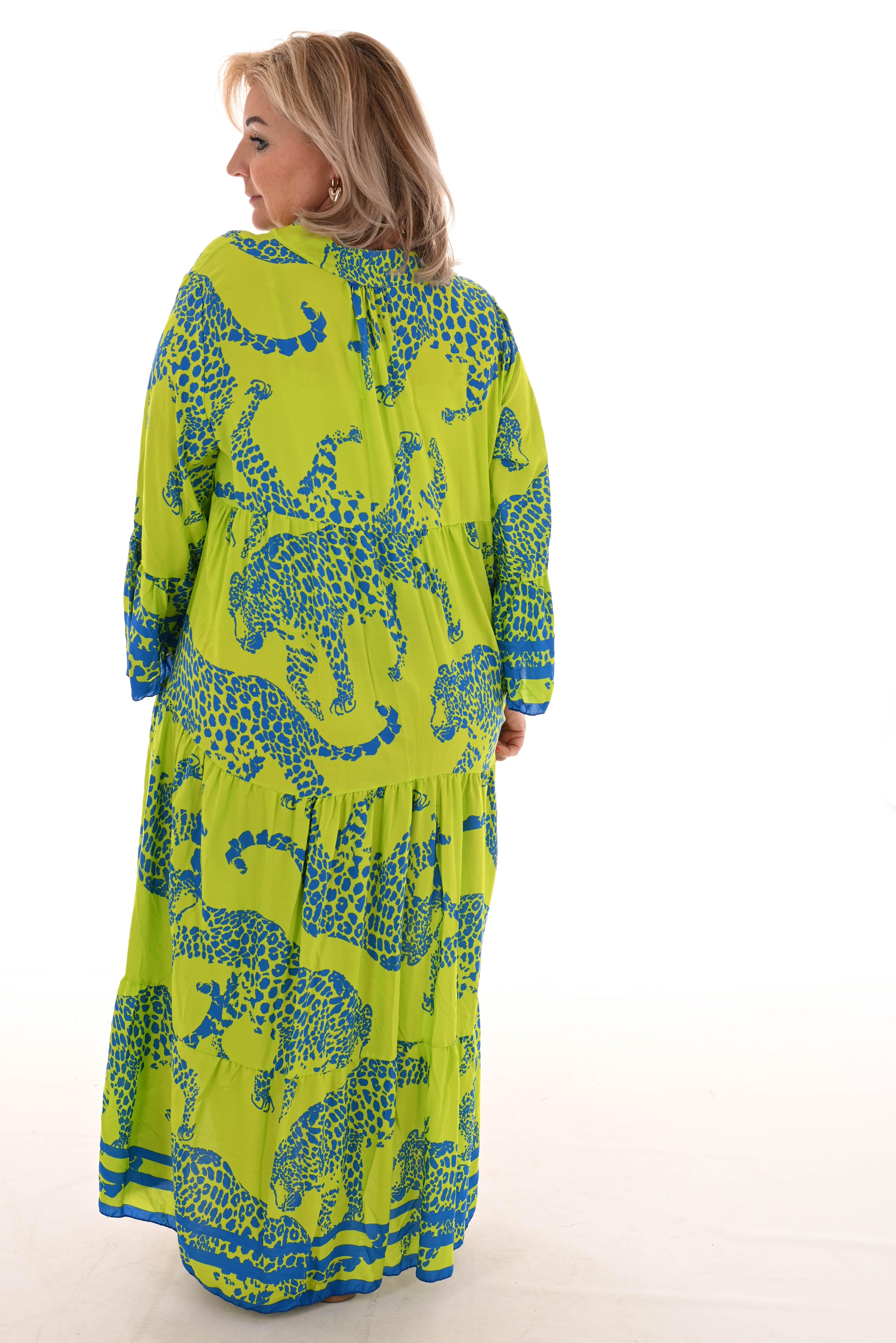 Maxi jurk v-hals panters 3/4e mouwen lime/kobalt