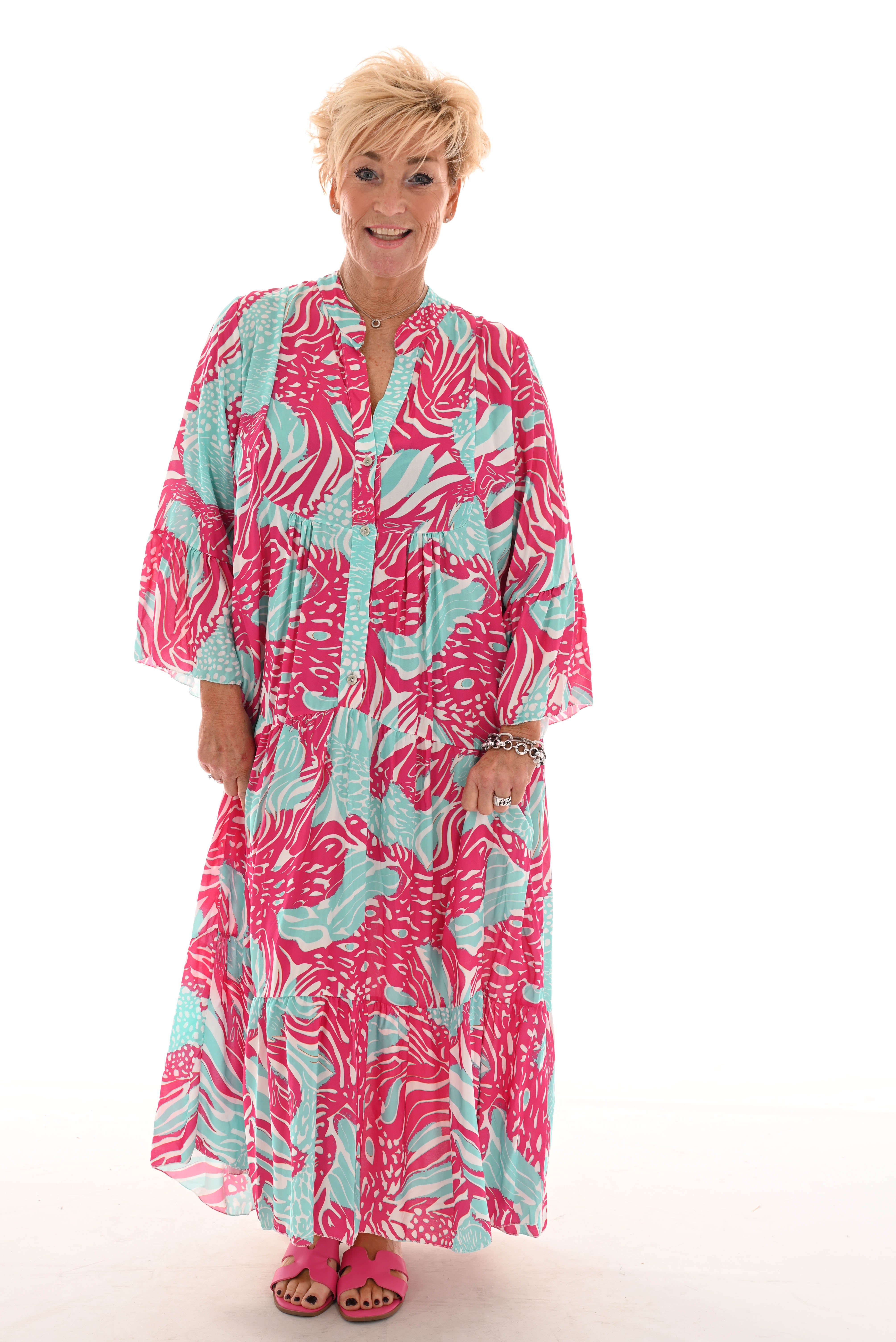 Maxi jurk v-hals mix 3/4e mouwen fuchsia