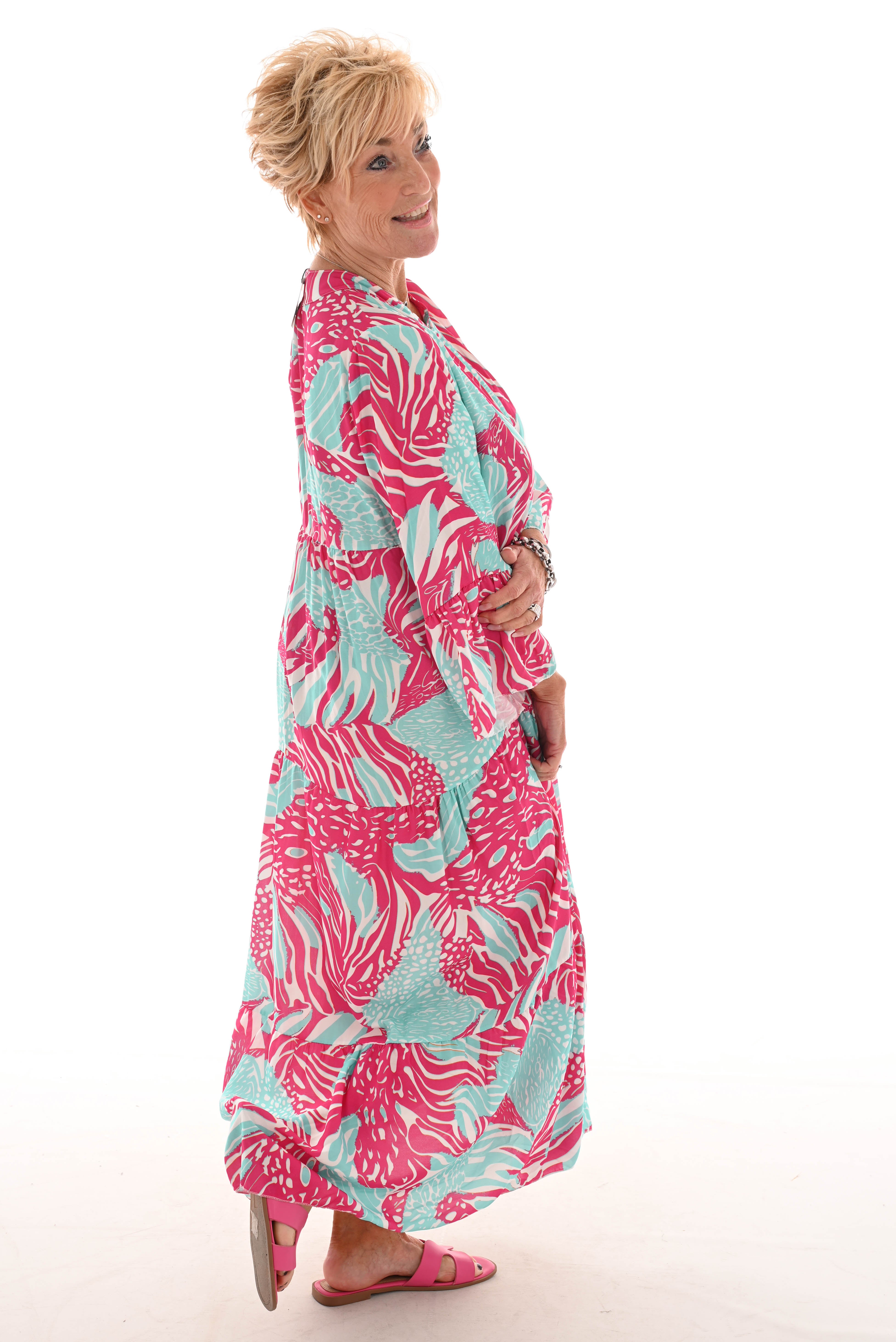 Maxi jurk v-hals mix 3/4e mouwen fuchsia