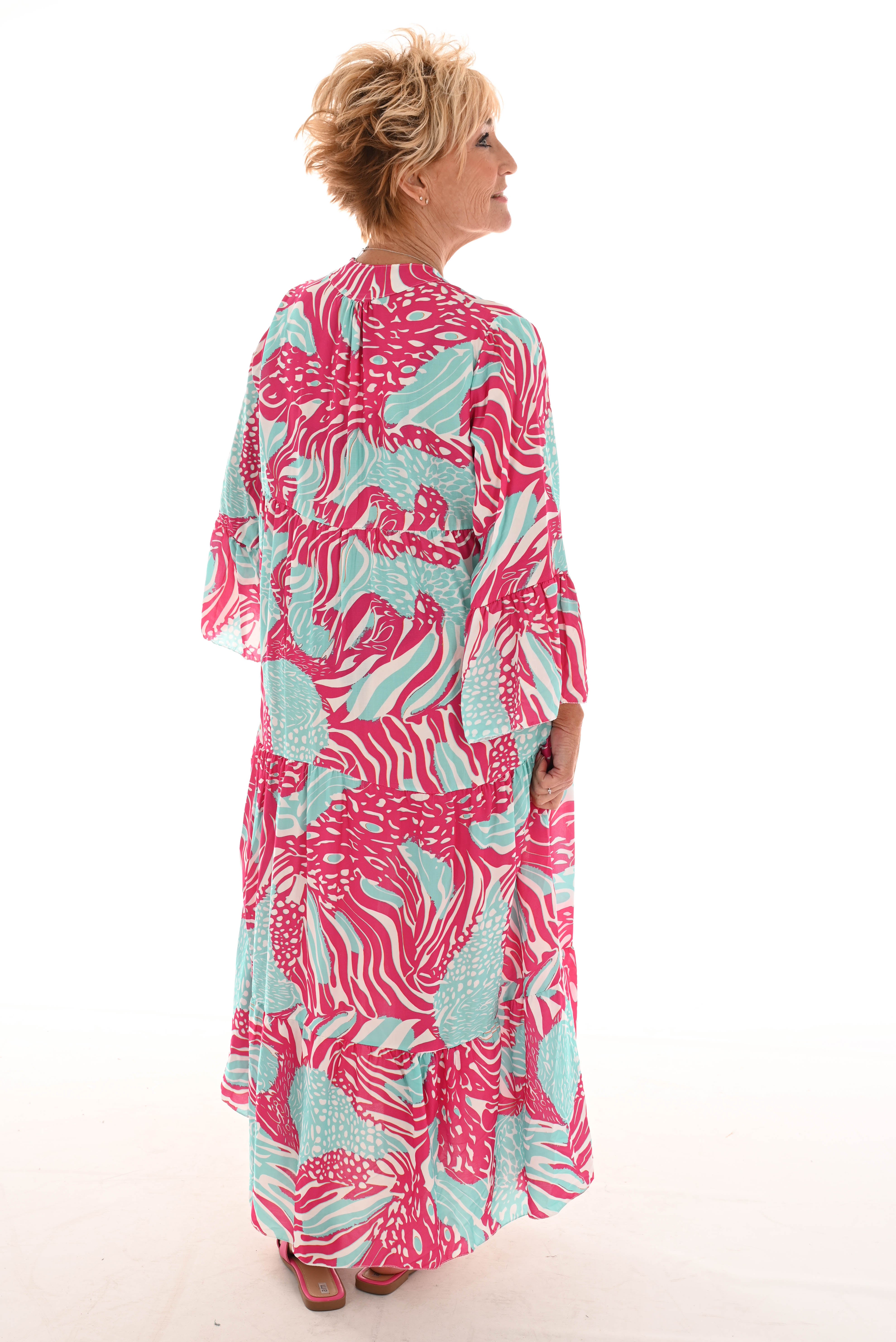 Maxi jurk v-hals mix 3/4e mouwen fuchsia